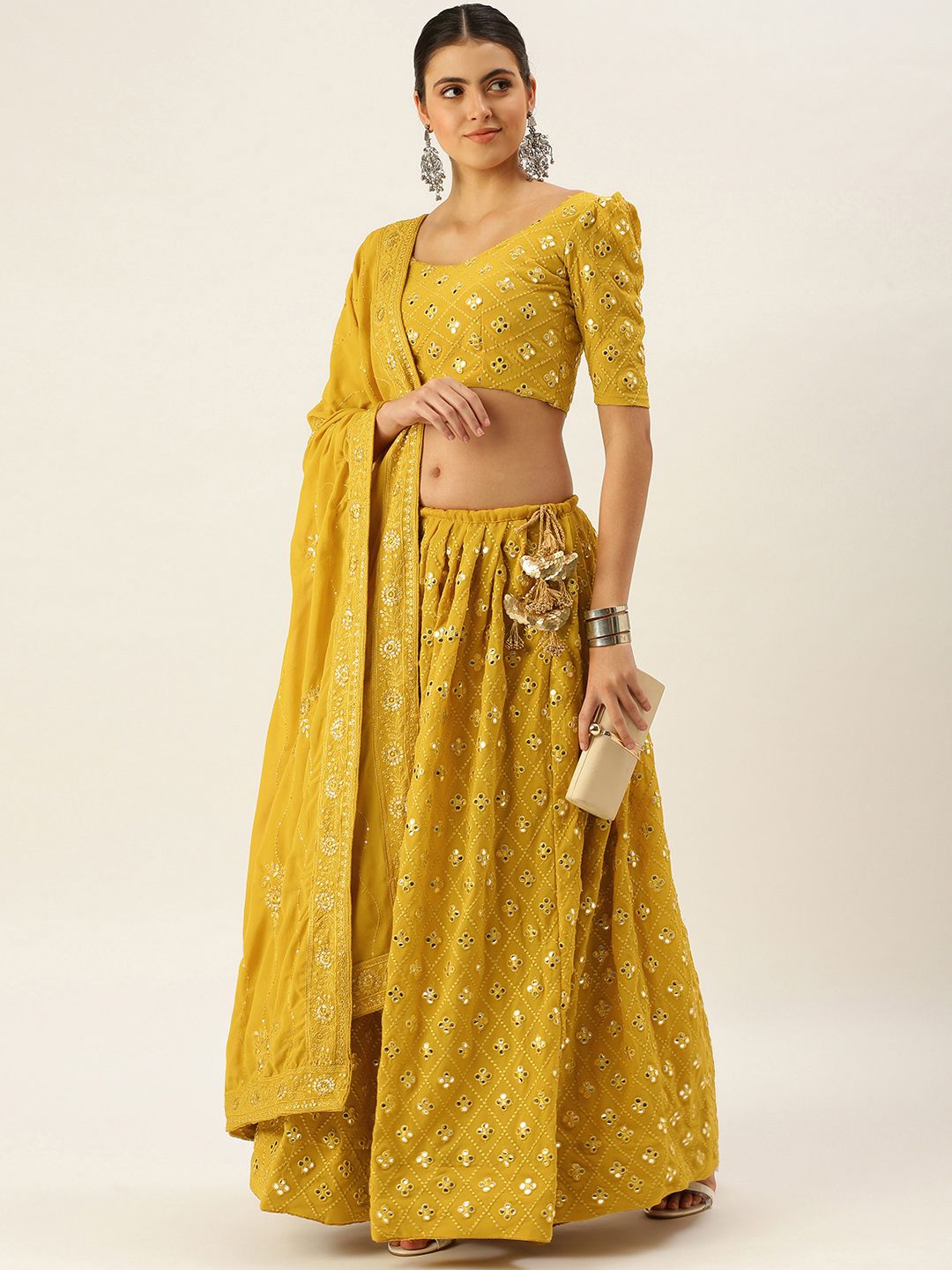 LOOKNBOOK ART Mustard Sequin Semi-Stitched Lehenga & Unstitched Blouse with Dupatta Price in India