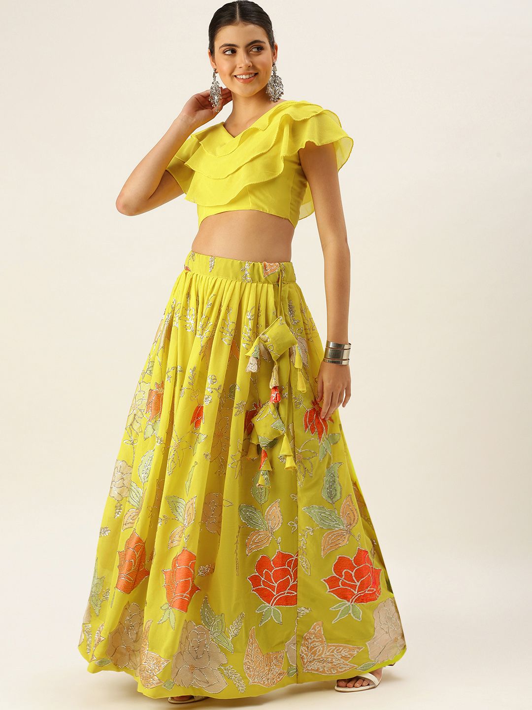 LOOKNBOOK ART Yellow & Orange Floral Sequin Semi-Stitched Lehenga & Unstitched Blouse Price in India