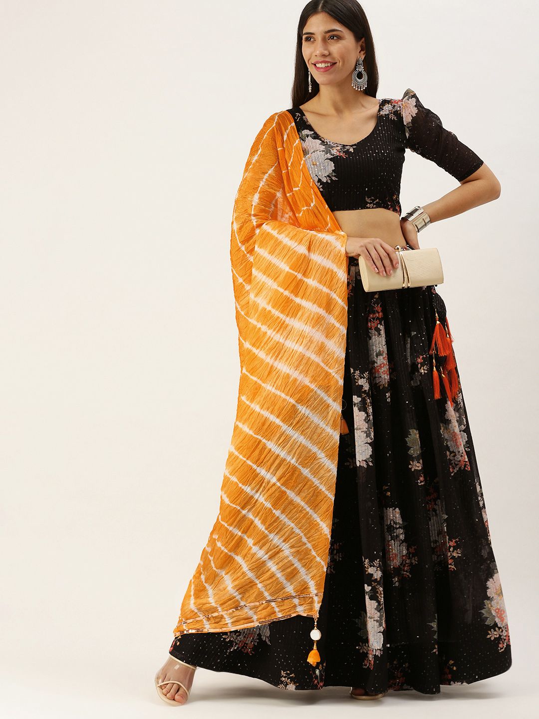 LOOKNBOOK ART Black & Yellow Printed Sequinned Semi-Stitched Lehenga & Unstitched Blouse With Dupatta Price in India