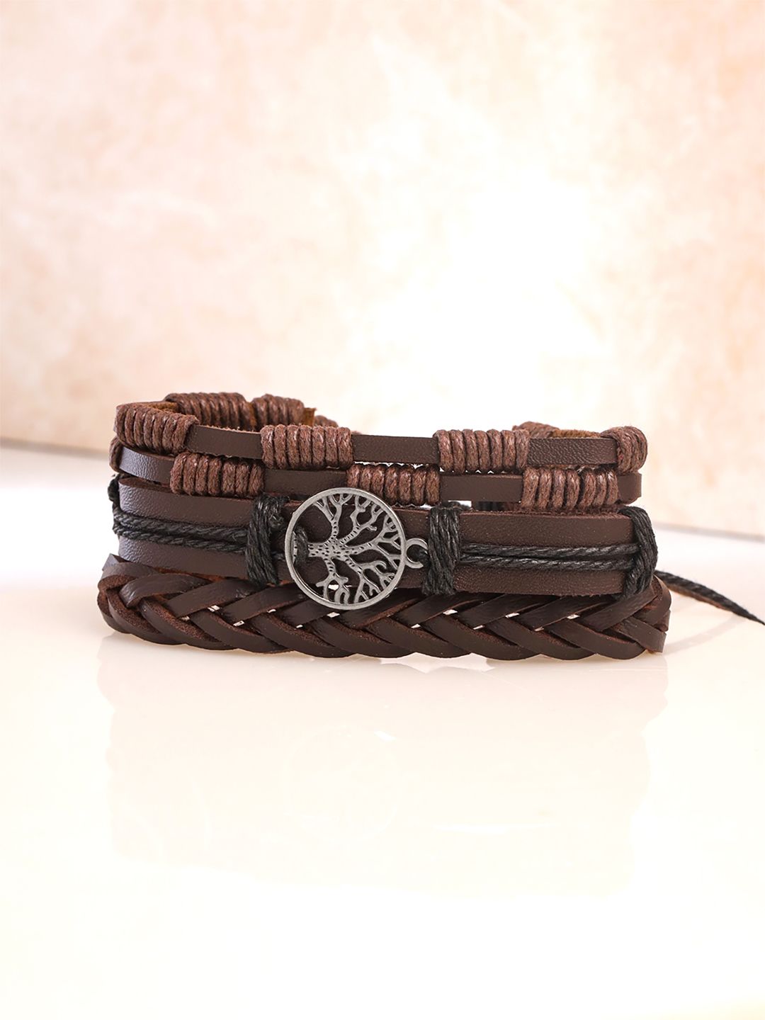 Yellow Chimes Set Of 3 Men Brown Multi-Layered Wraparound Bracelet