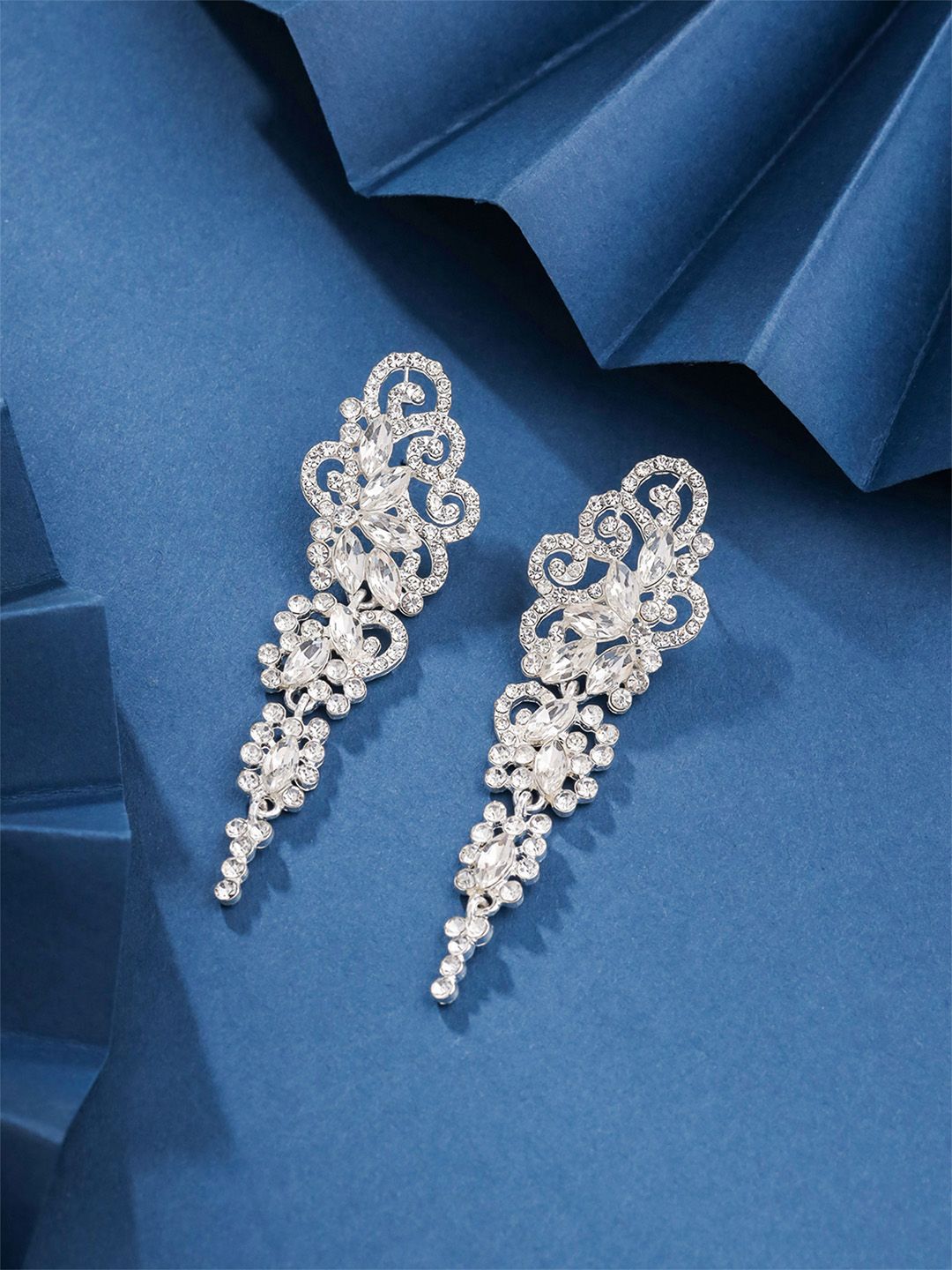 Silver-Plated Drop Earrings Yellow Chimes Silver-Plated & White Contemporary Drop Earrings