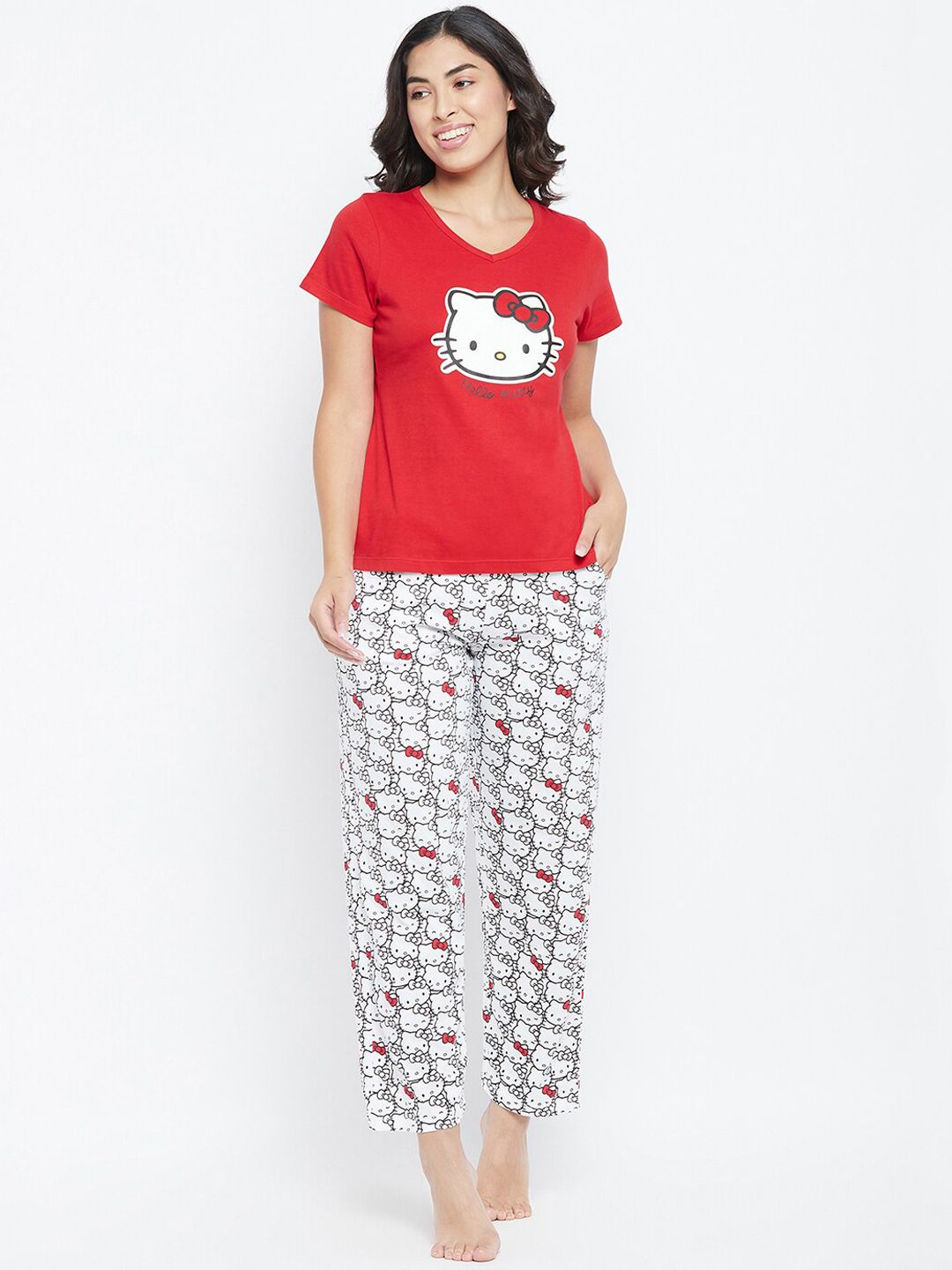 Clovia Women Red & White Hello Kitty Printed Top & Pyjama Set Price in India