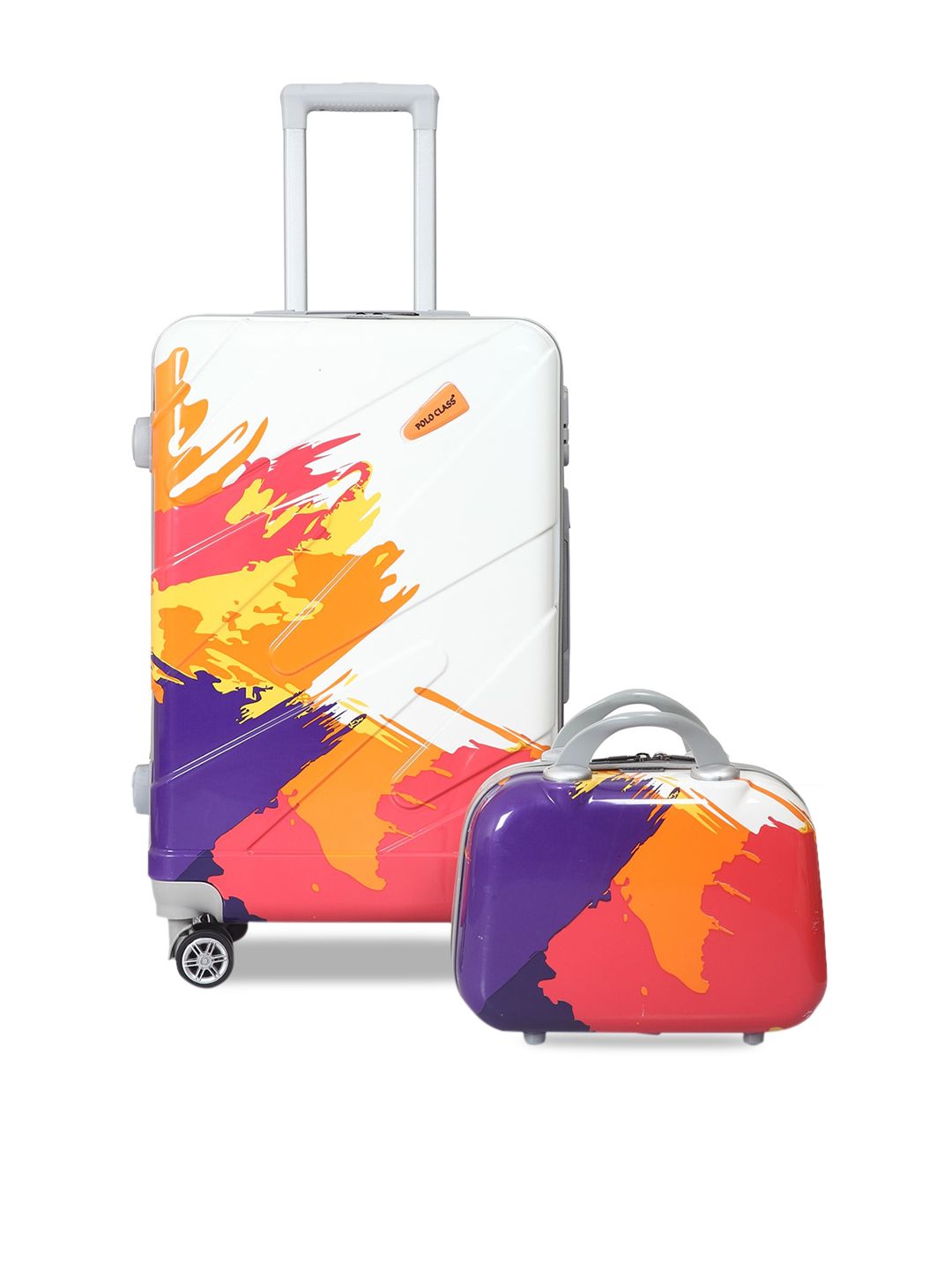 Polo Class Orange & Blue 2-Pieces Printed Hard Case Luggage Trolley & Vanity Bag Set Price in India