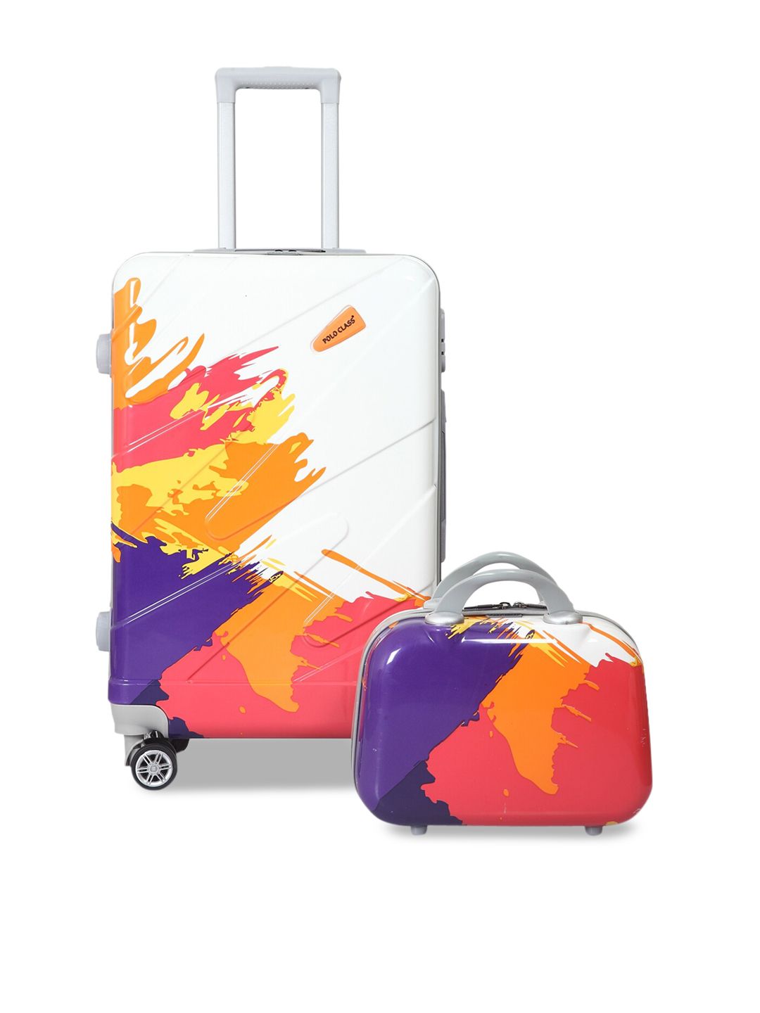 Polo Class Orange & Blue 2-Pieces Printed Hard Case Luggage Trolley & Vanity Bag Set Price in India