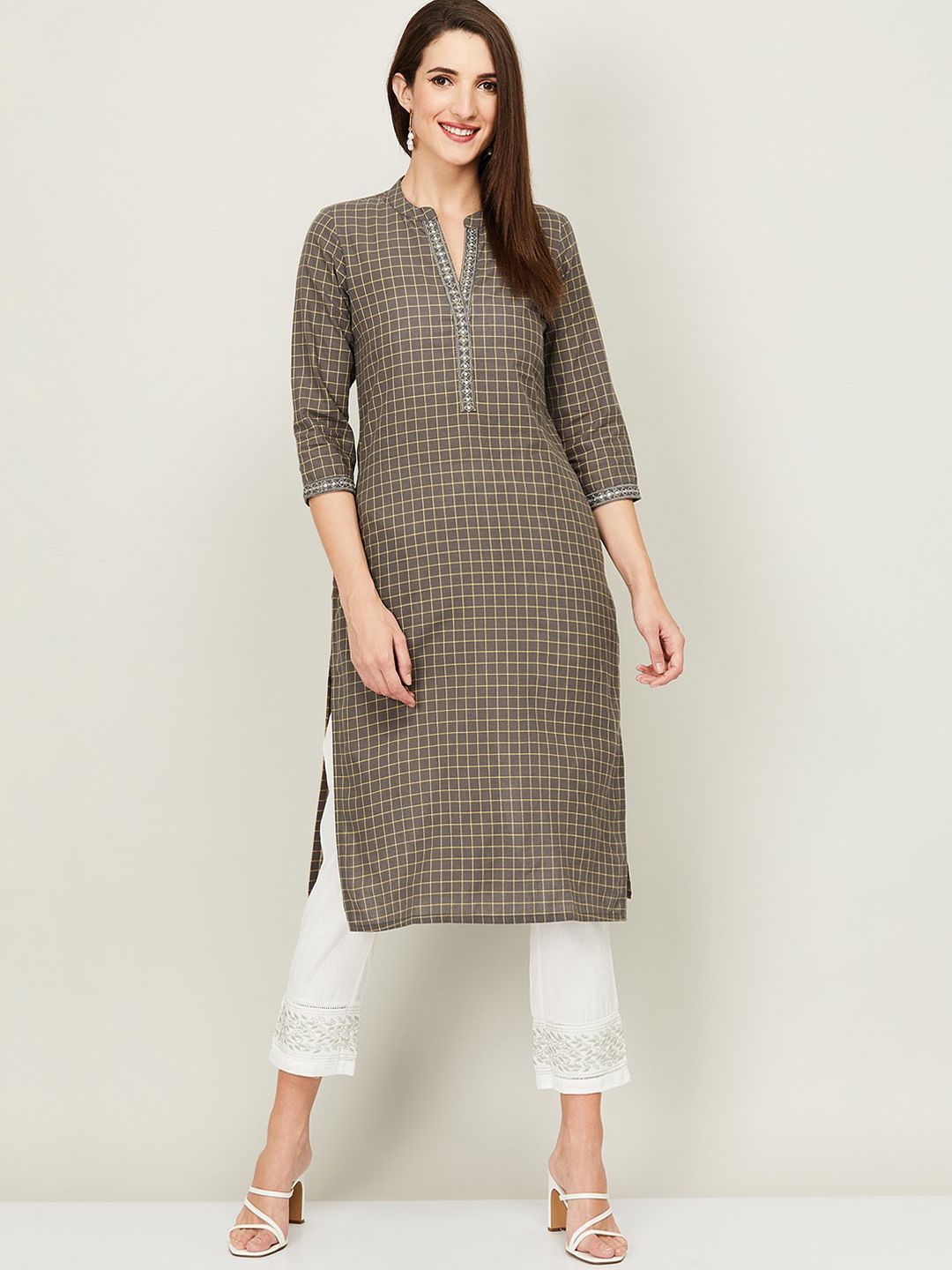 Melange by Lifestyle Women Grey & Beige Checked Pure Cotton Straight Kurta Price in India