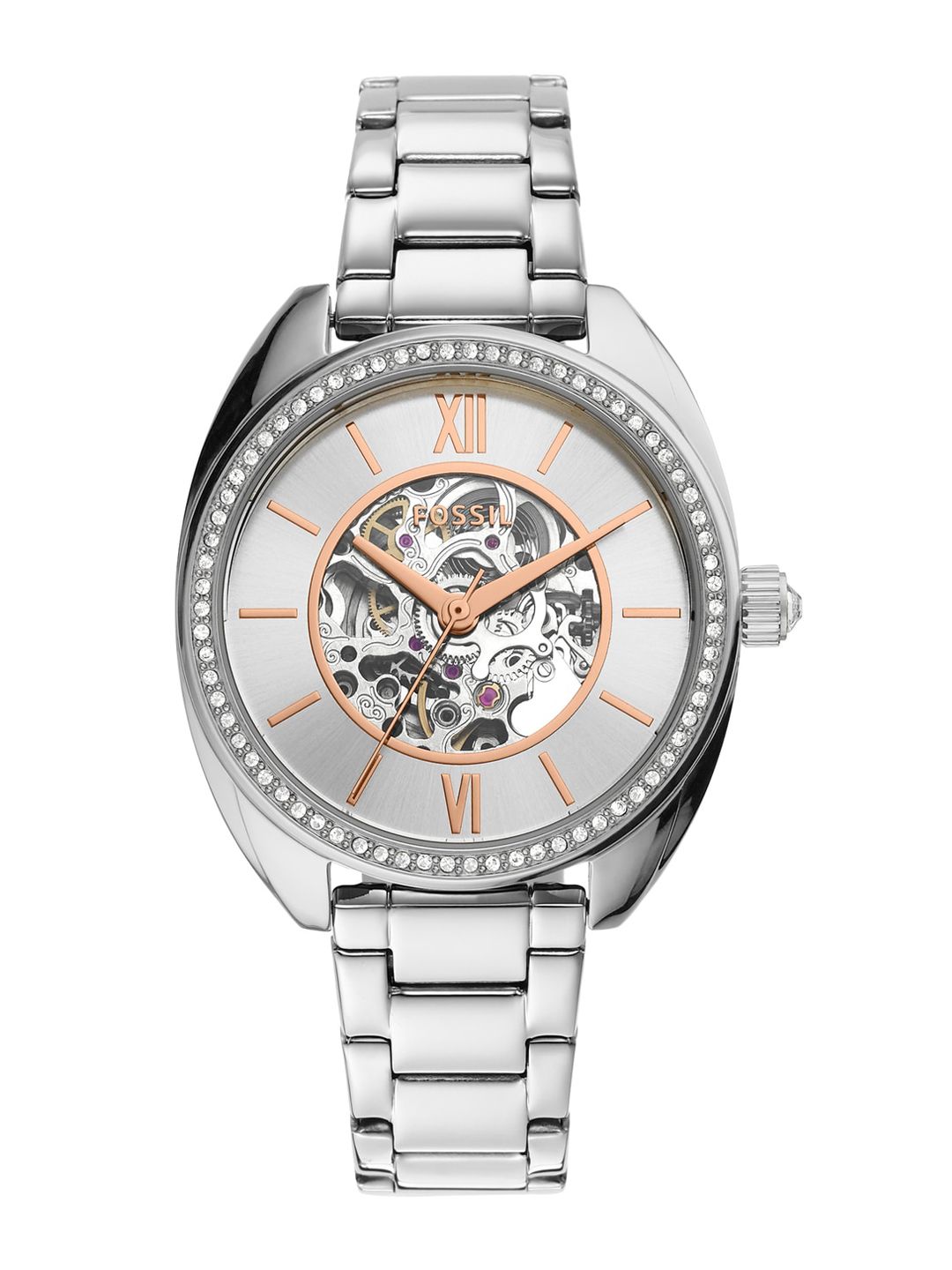 Fossil Women Silver-Toned Embellished Dial & Silver Toned Stainless Steel Bracelet Style Straps Analogue Watch Price in India