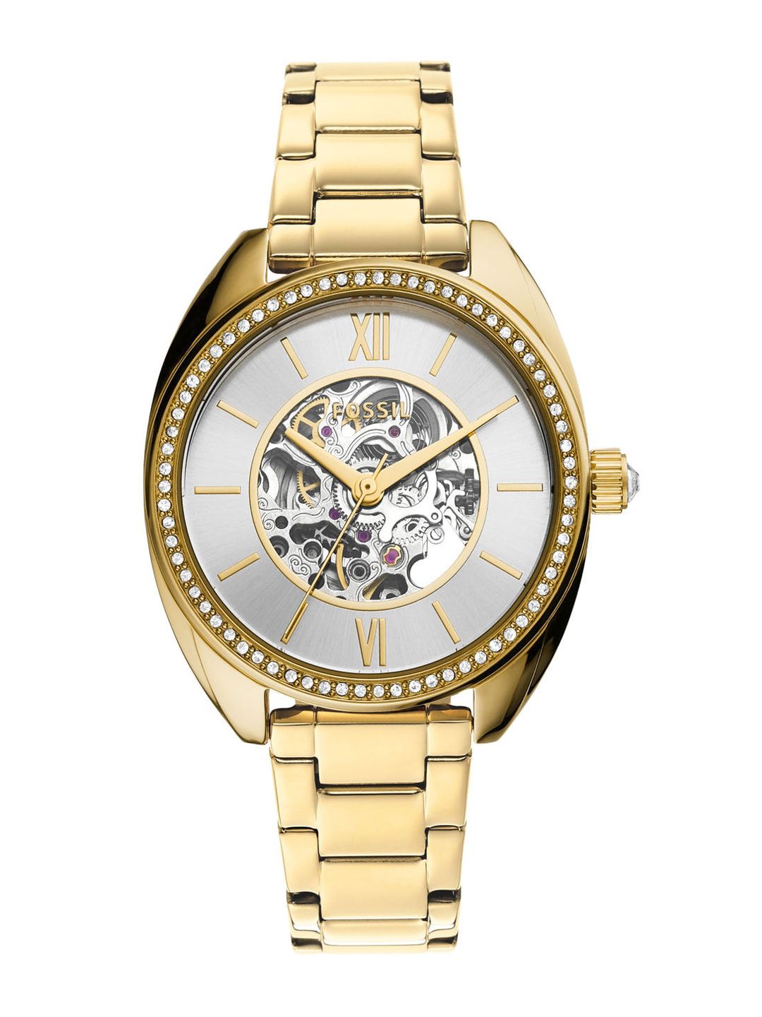 Fossil Women Silver Skeleton Dial & Gold Toned Bracelet Style Straps Analogue Watch BQ3729 Price in India