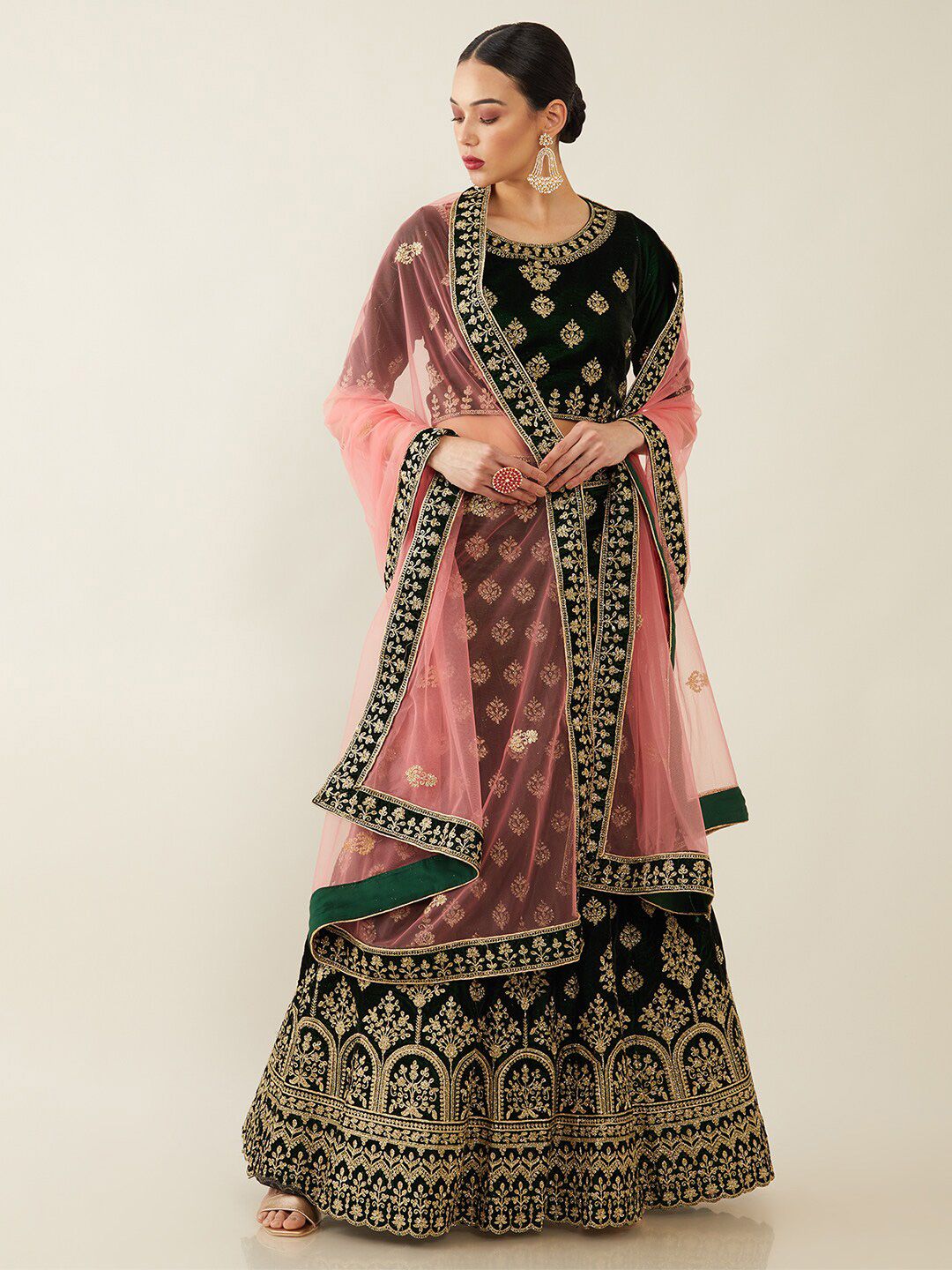 Soch Green & Pink Embroidered Unstitched Lehenga & Blouse With Dupatta