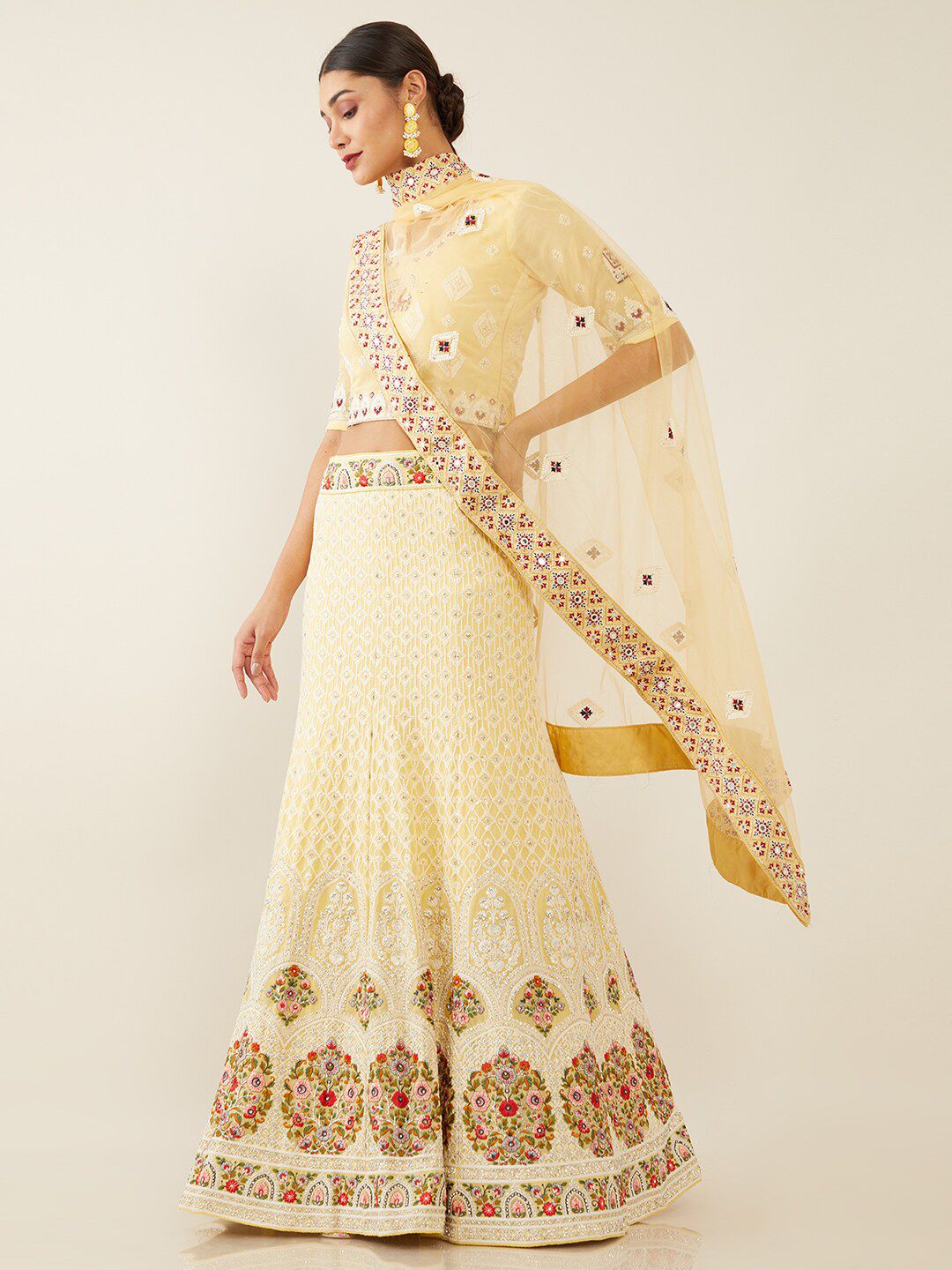 Soch Yellow & Red Embroidered Unstitched Lehenga Choli