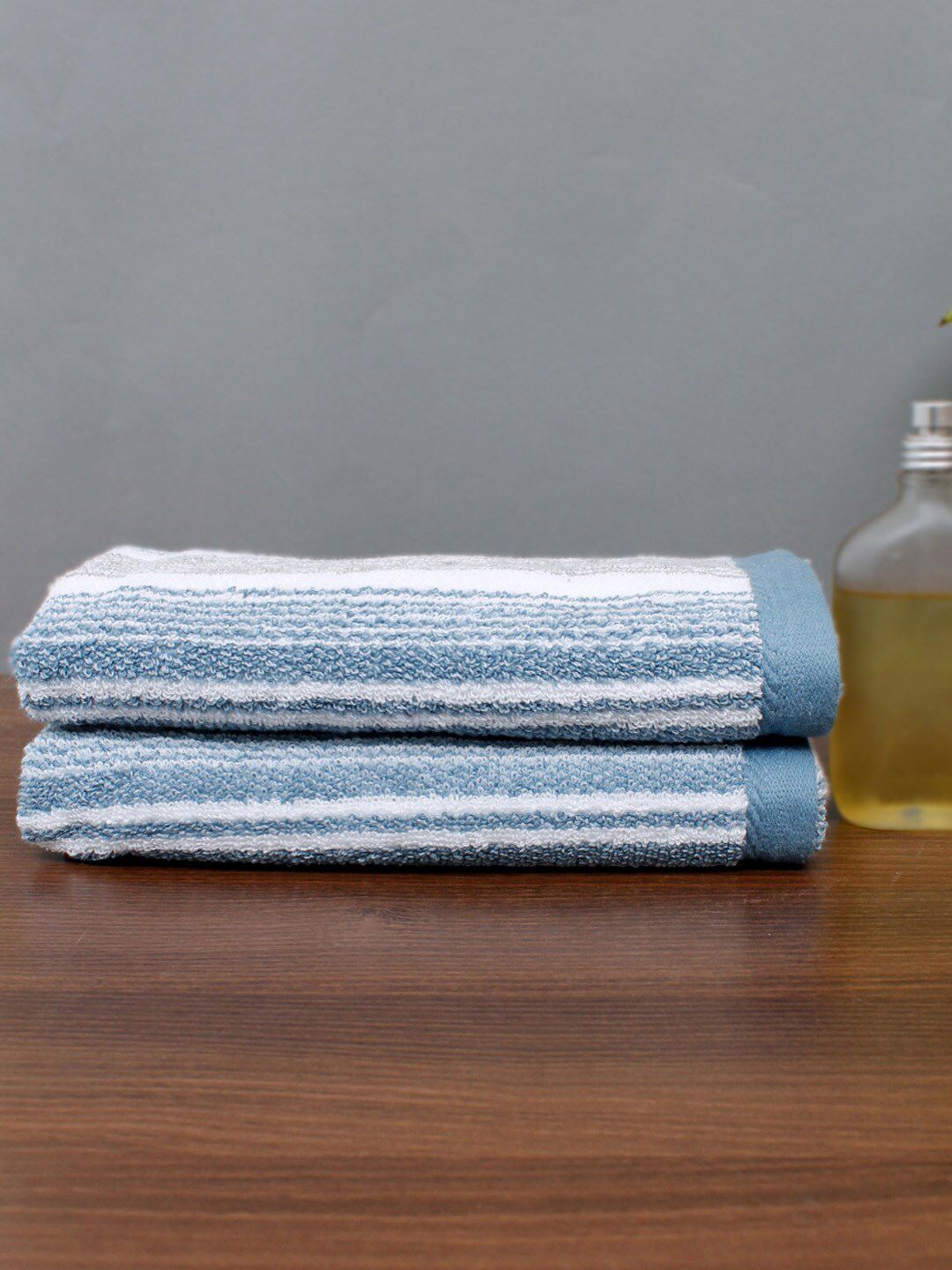 AVI Living Set Of 2 Blue & Grey Striped 400 GSM Cotton Hand Towels Price in India