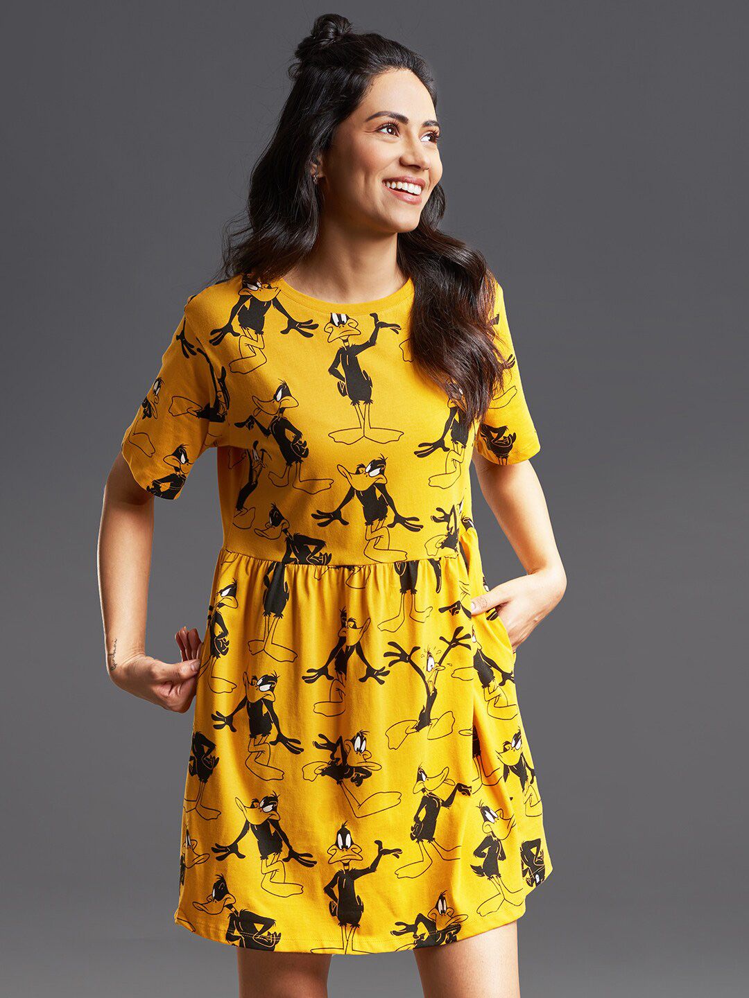 The Souled Store Yellow & Black Daffy Duck Printed Cotton Mini Dress Price in India