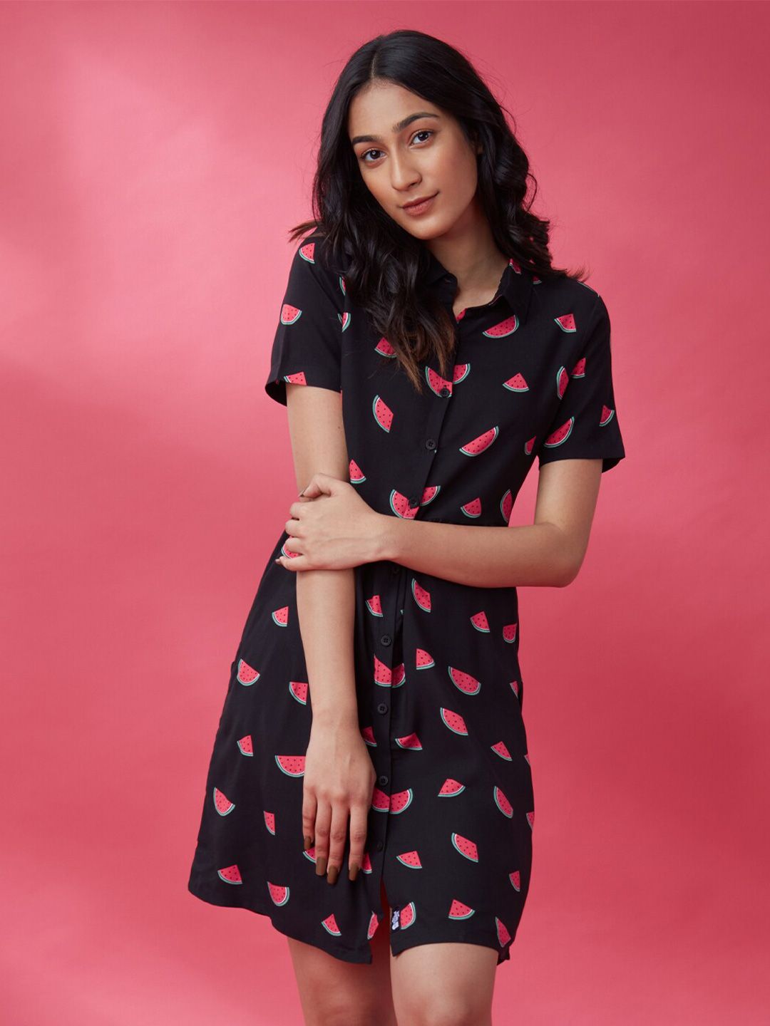 The Souled Store Black & Pink Printed Shirt Dress Price in India