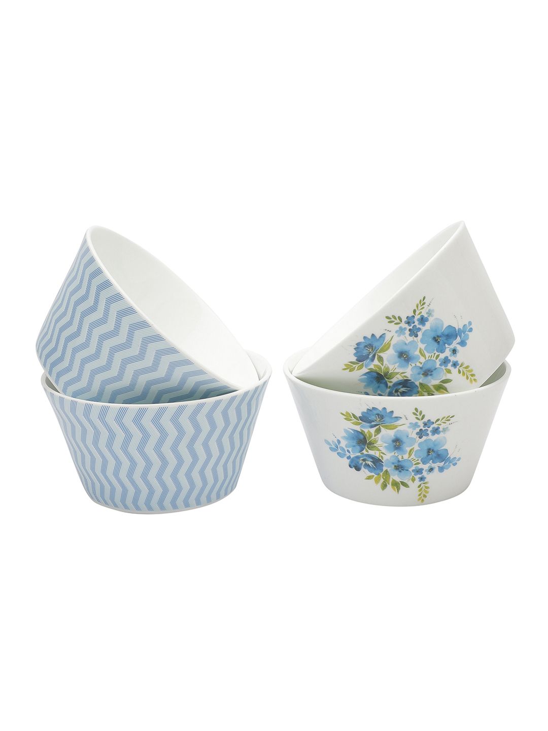 CLAY CRAFT Blue & White 4 Pieces Floral Printed Ceramic Glossy Bowls Price in India