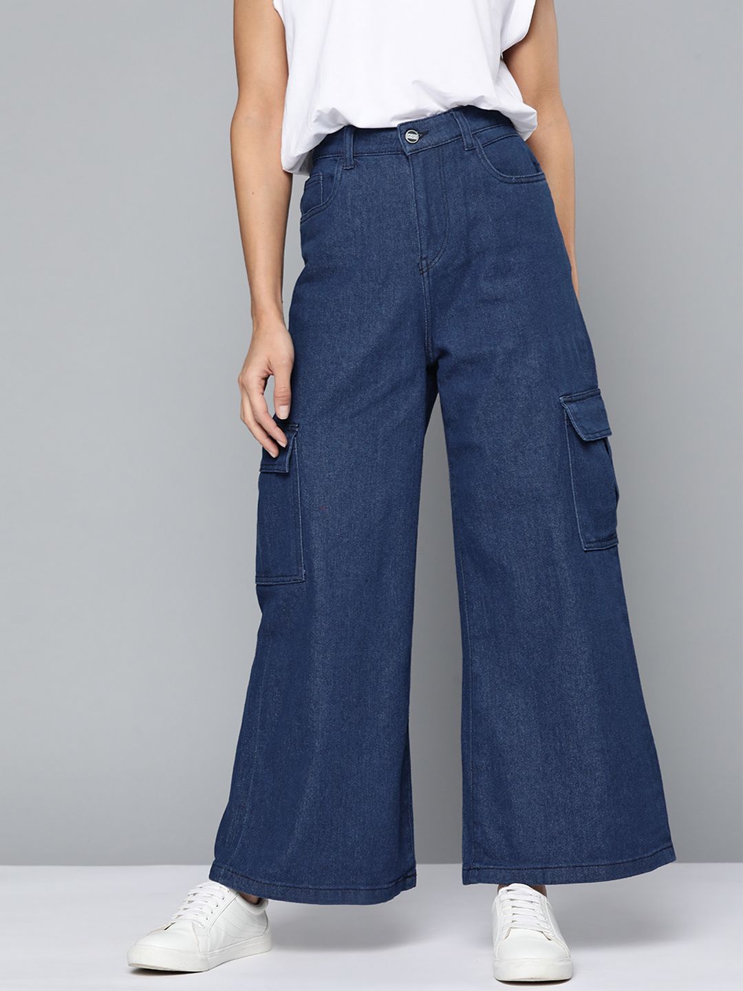 Mast & Harbour Women Navy Blue Wide Leg Stretchable Jeans Price in India