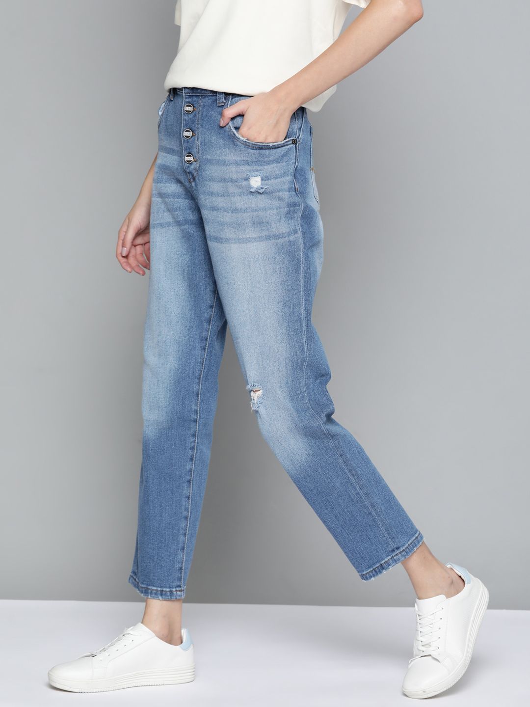 Mast & Harbour Women Blue Boyfriend Fit Low Distress Light Fade Stretchable Jeans Price in India