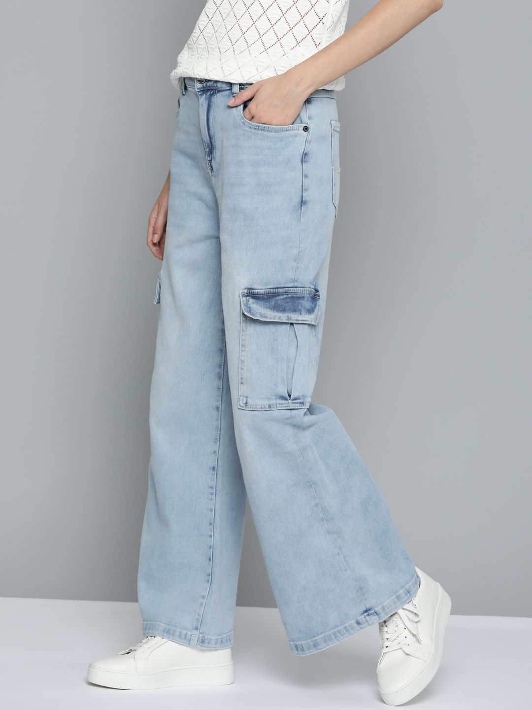 Mast & Harbour Women Blue Flared Light Fade Stretchable Cargo Jeans Price in India