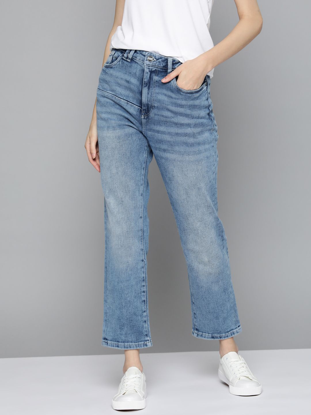 Mast & Harbour Women Blue Straight Fit Heavy Fade Stretchable Jeans Price in India