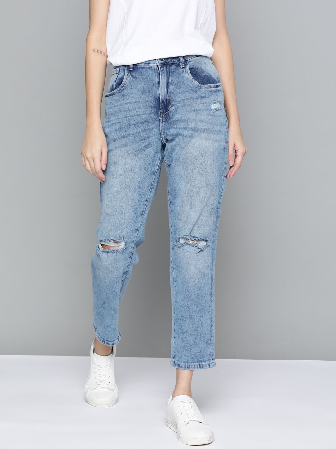 Mast & Harbour Women Blue Boyfriend Fit Low Distress Heavy Fade Stretchable Jeans Price in India