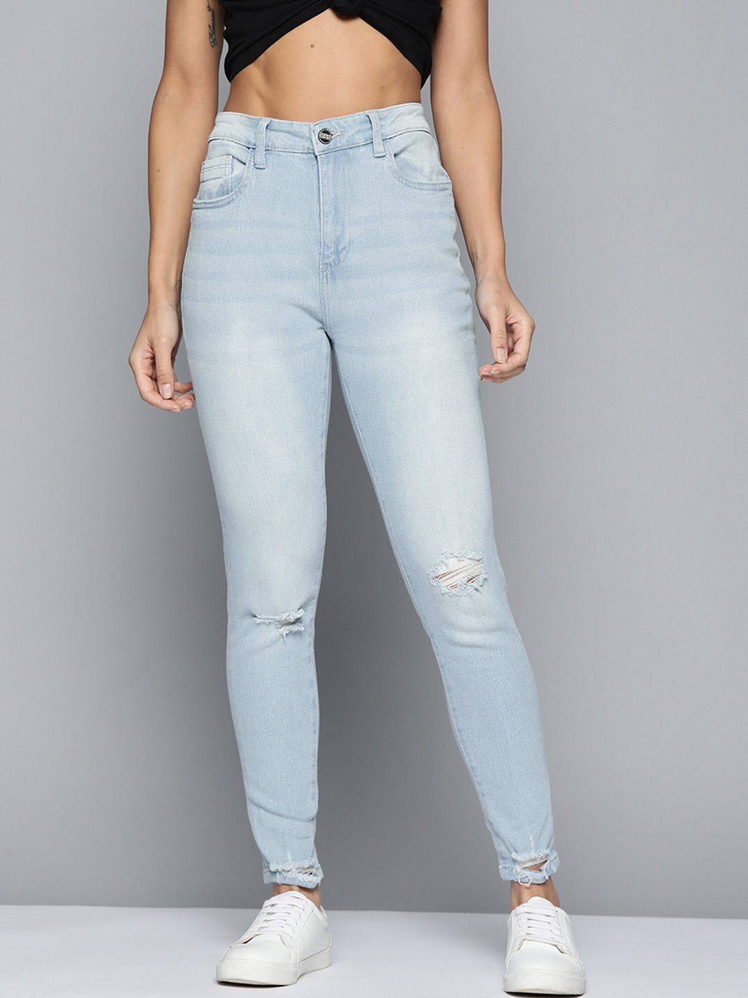 Mast & Harbour Women Blue Skinny Fit Mildly Distressed Light Fade Stretchable Jeans Price in India