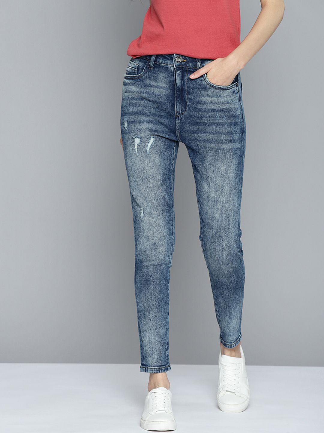 Mast & Harbour Women Blue Skinny Fit Low Distress Light Fade Stretchable Jeans Price in India