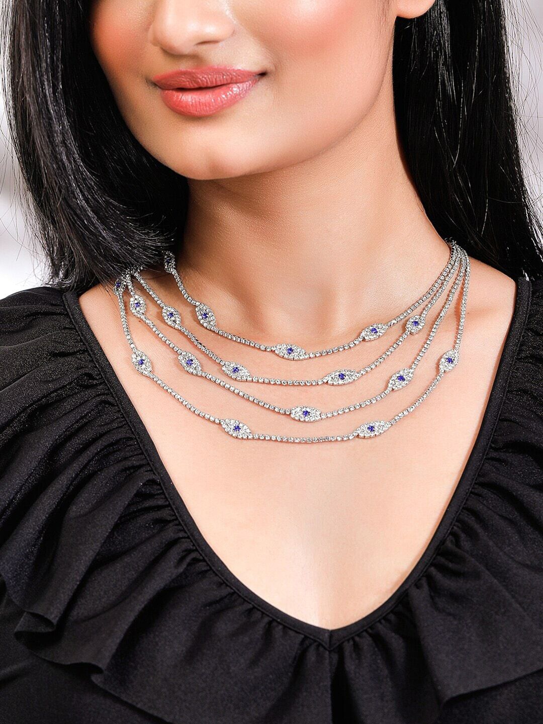 Rubans Voguish Silver & Blue Zircon Studded Handcrafted Evil Eye Multi Layered Necklace Price in India