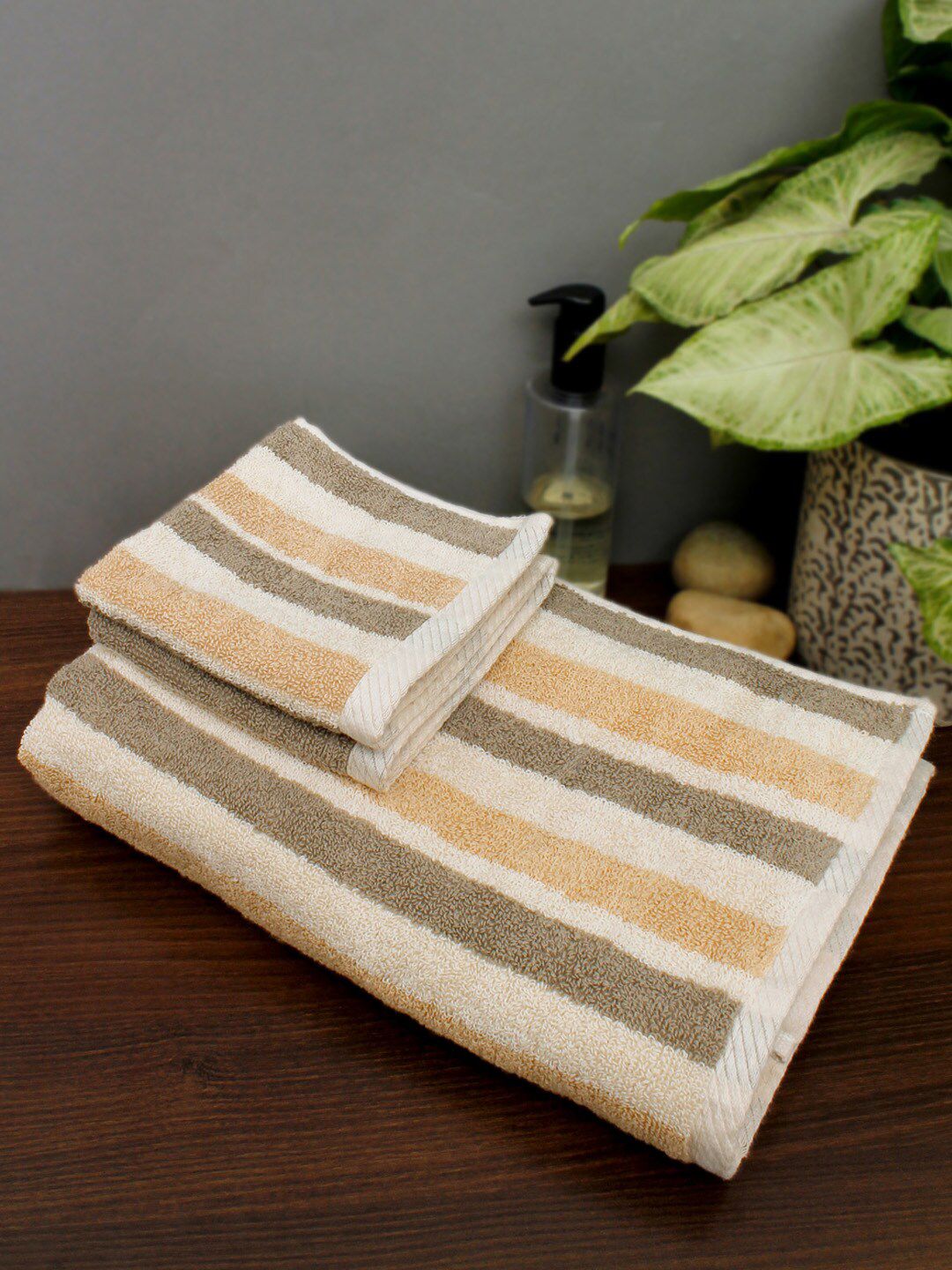 AVI Living Beige & Brown 500GSM Combo Set of Bath & Face Towels Price in India