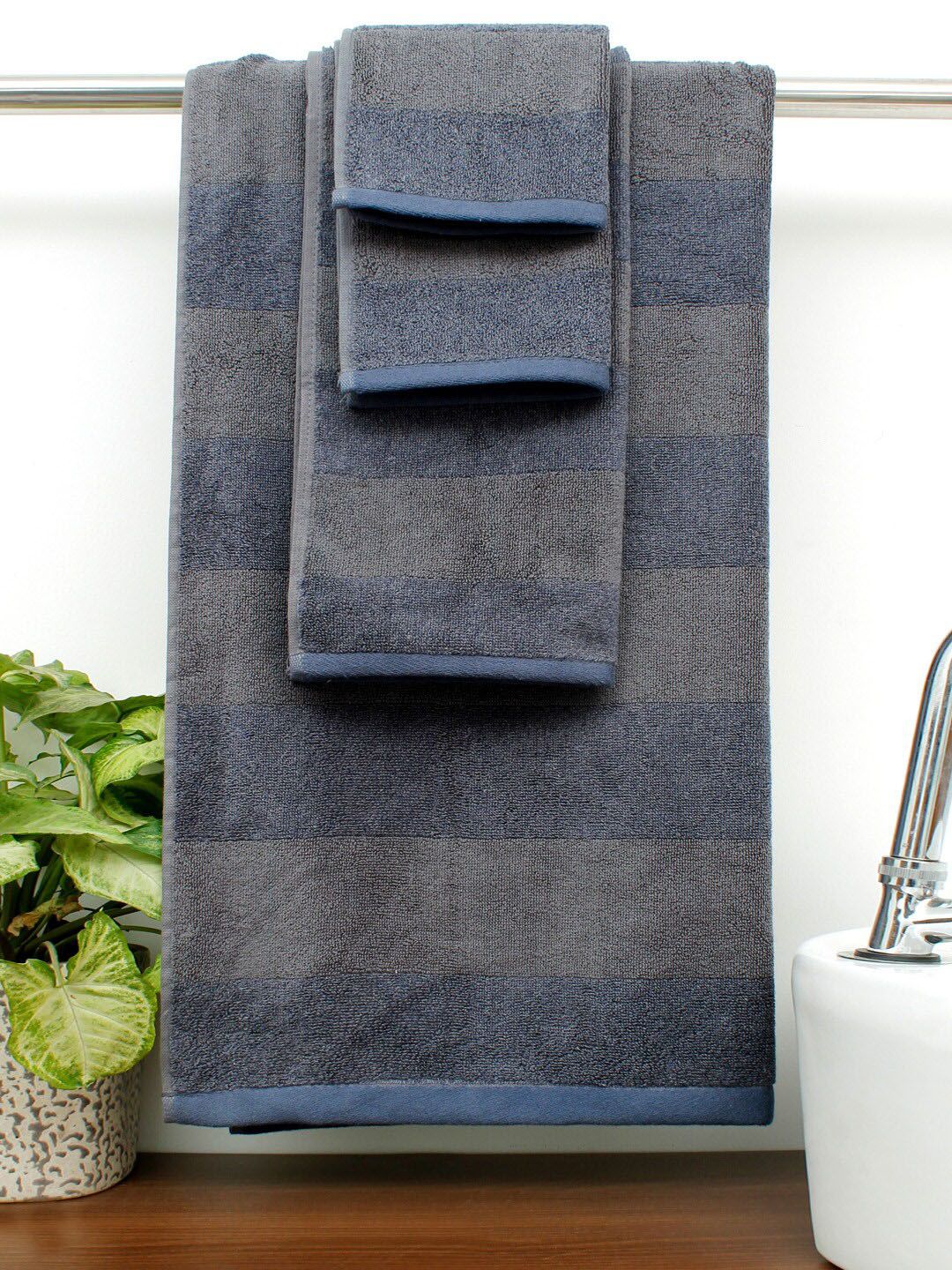 AVI Living Blue & Grey Set of 4 Striped 600GSM Pure Cotton Towel Set Price in India