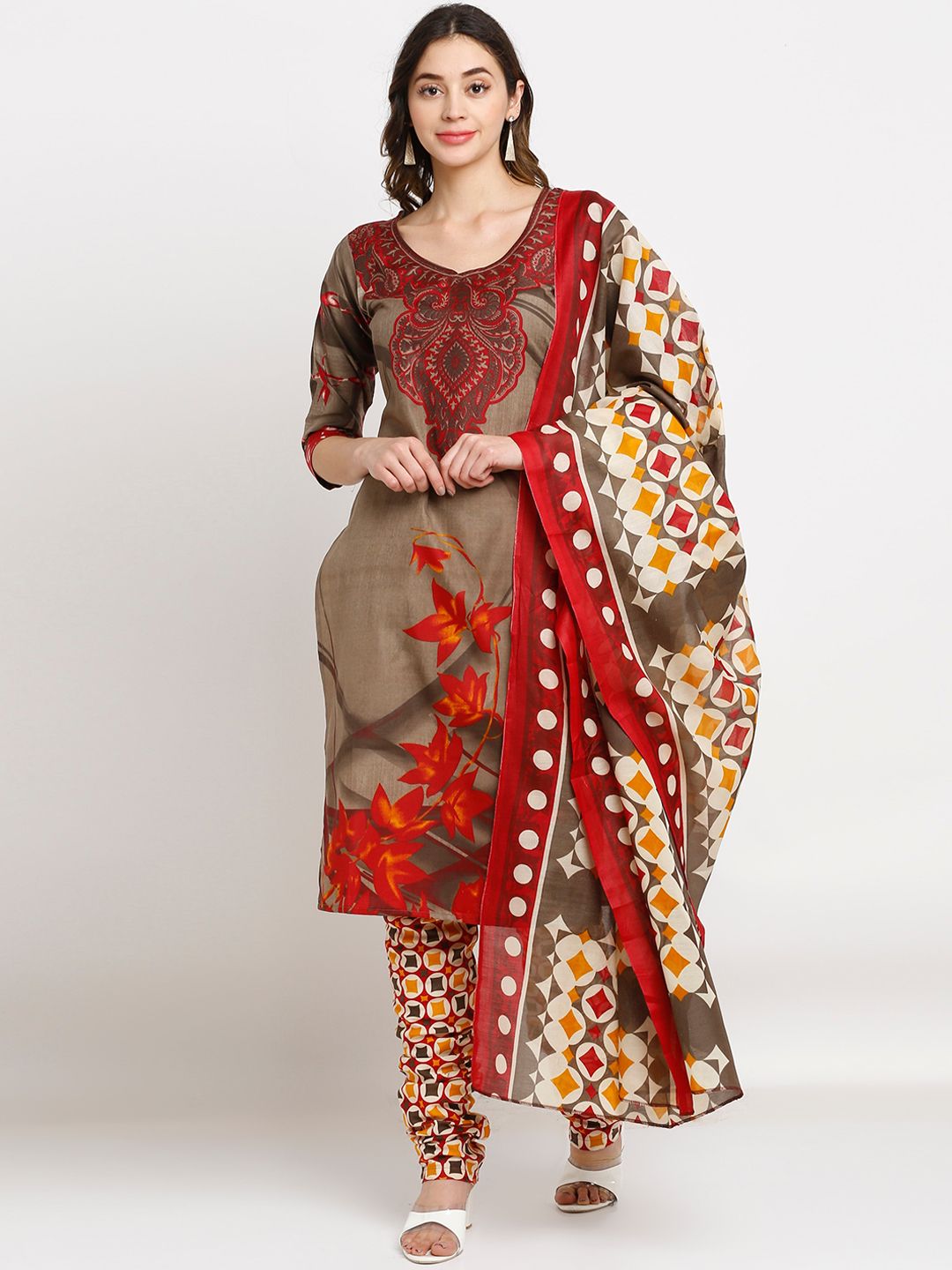 Rajnandini Women Olive Green & Off-White Floral Printed Kurta with Churidar & Dupatta Price in India