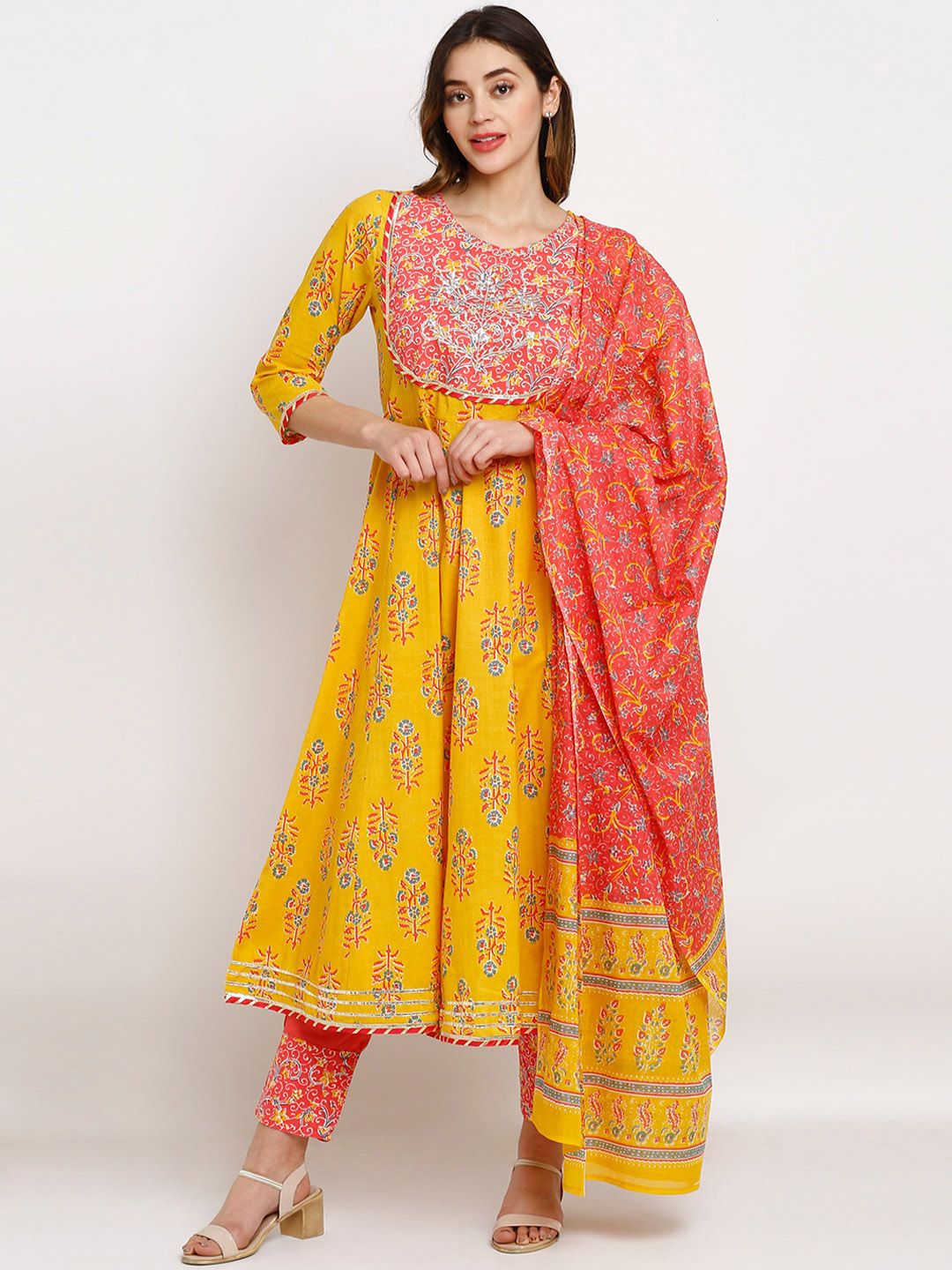 Rajnandini Women Yellow Floral Printed Pure Cotton Kurta with Trousers & With Dupatta Price in India