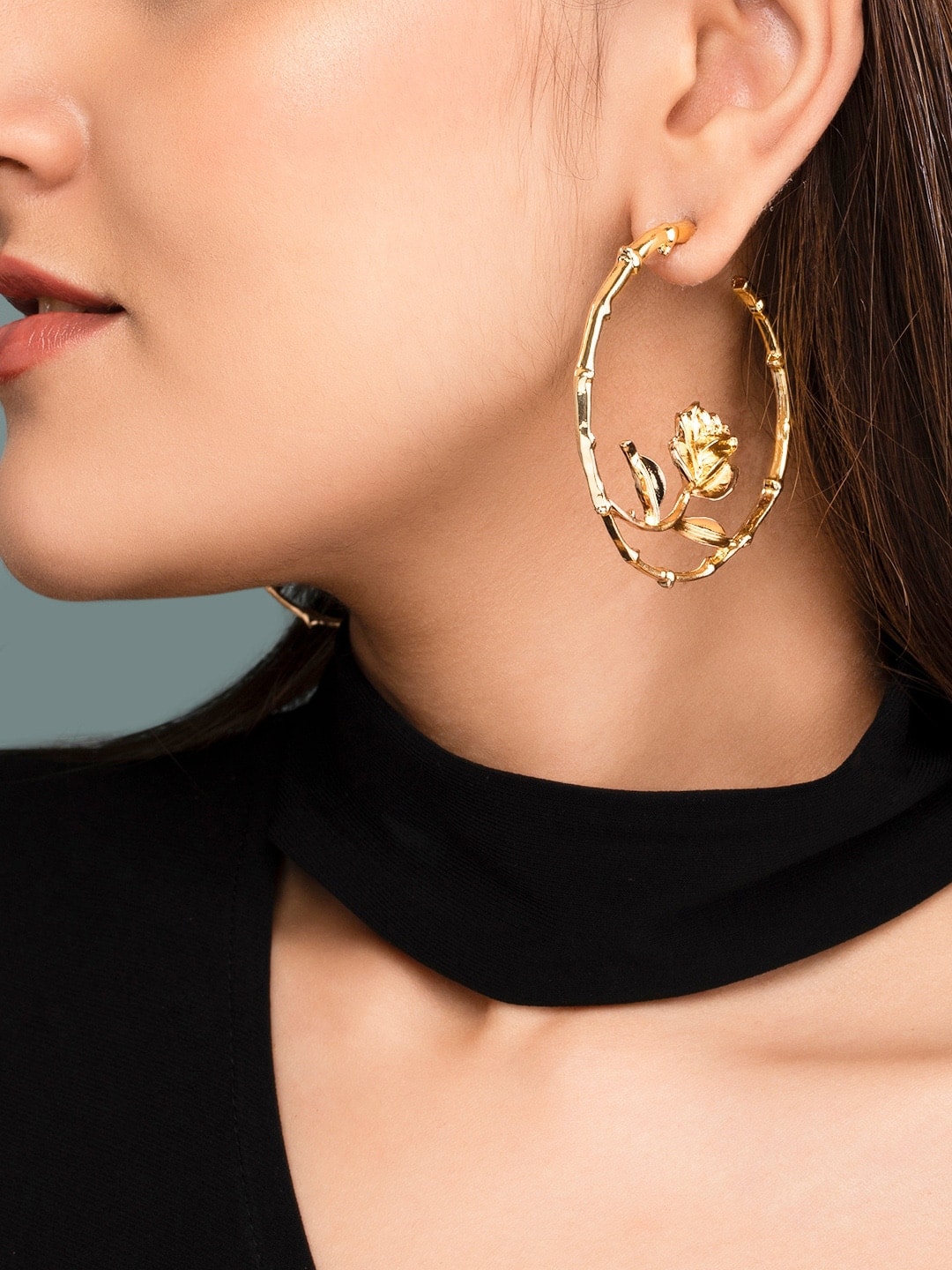 TOKYO TALKIES X rubans FASHION ACCESSORIES Gold-Toned Floral Half Hoop Earrings Price in India