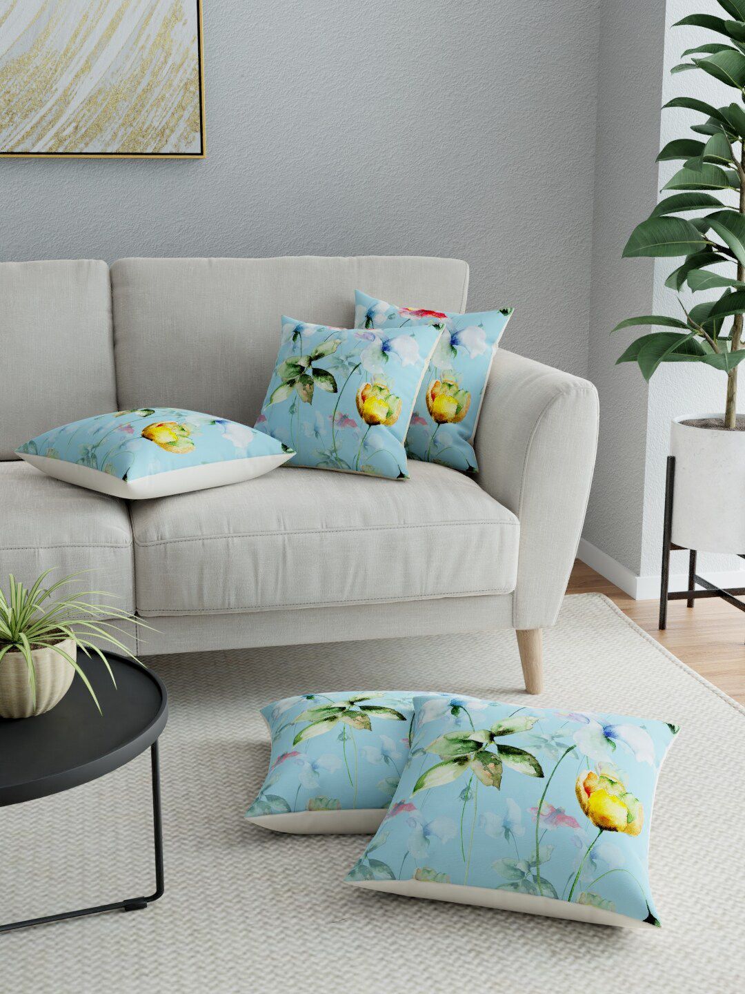 LA VERNE Blue & Yellow Set of 5 Floral Square Cushion Covers Price in India