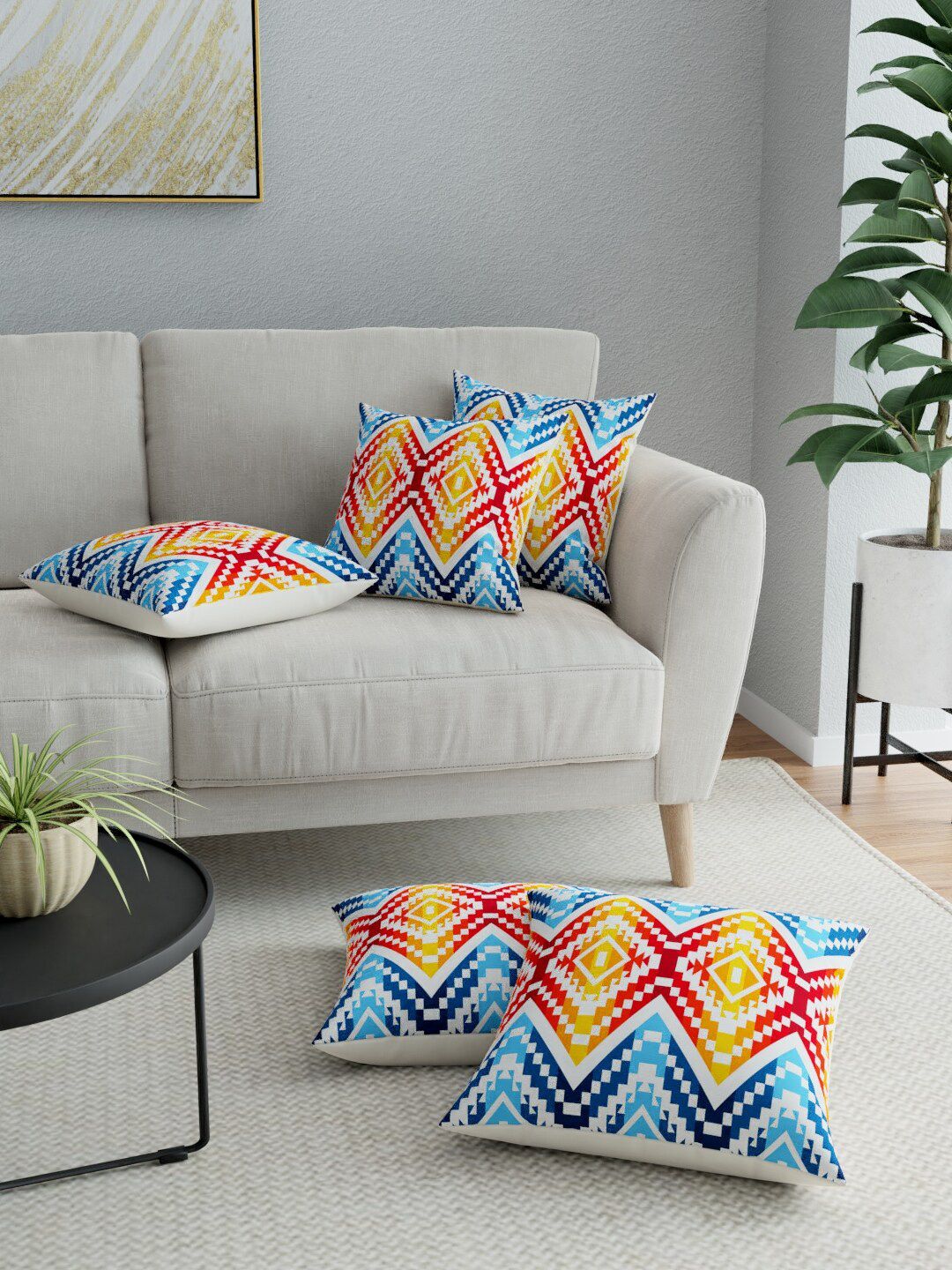 LA VERNE Blue & Red Set of 5 Geometric Square Cushion Covers Price in India