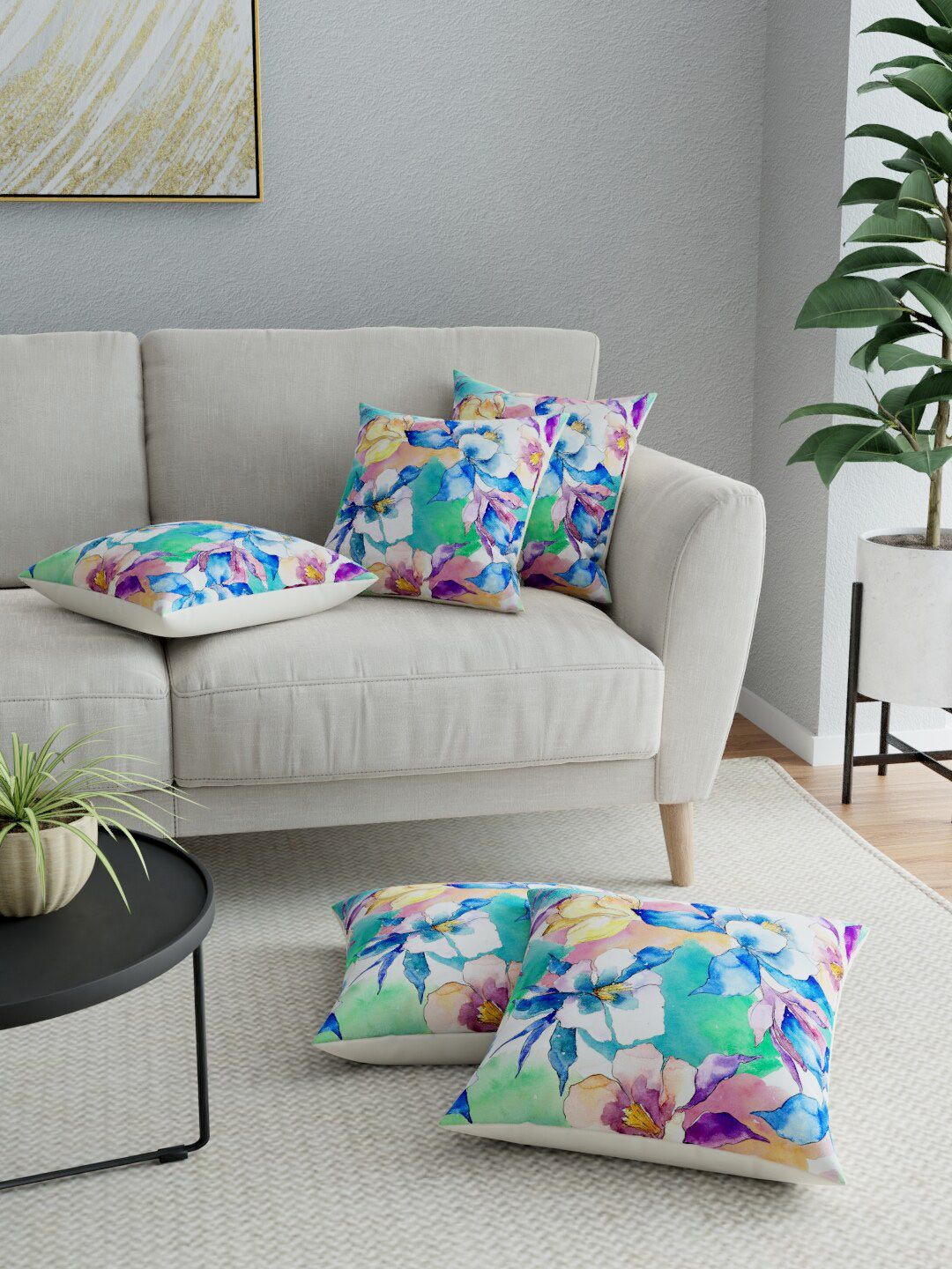 LA VERNE Blue & Pink Set of 5 Floral Square Cushion Covers Price in India
