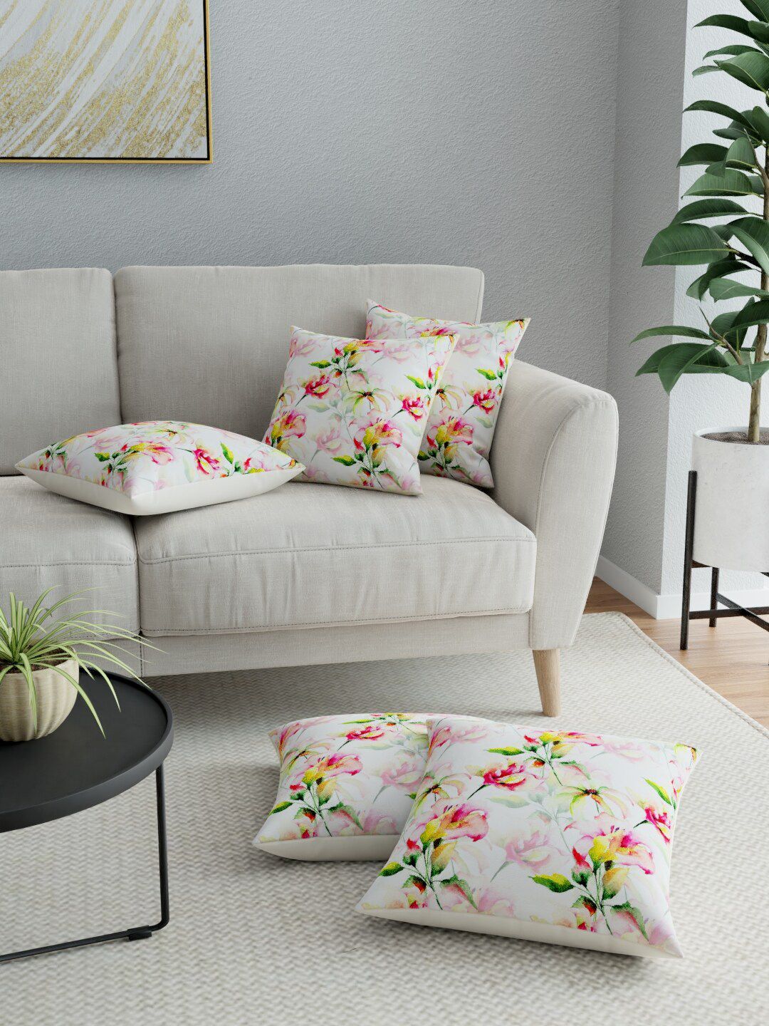 LA VERNE White & Pink Set of 5 Floral Square Cushion Covers Price in India