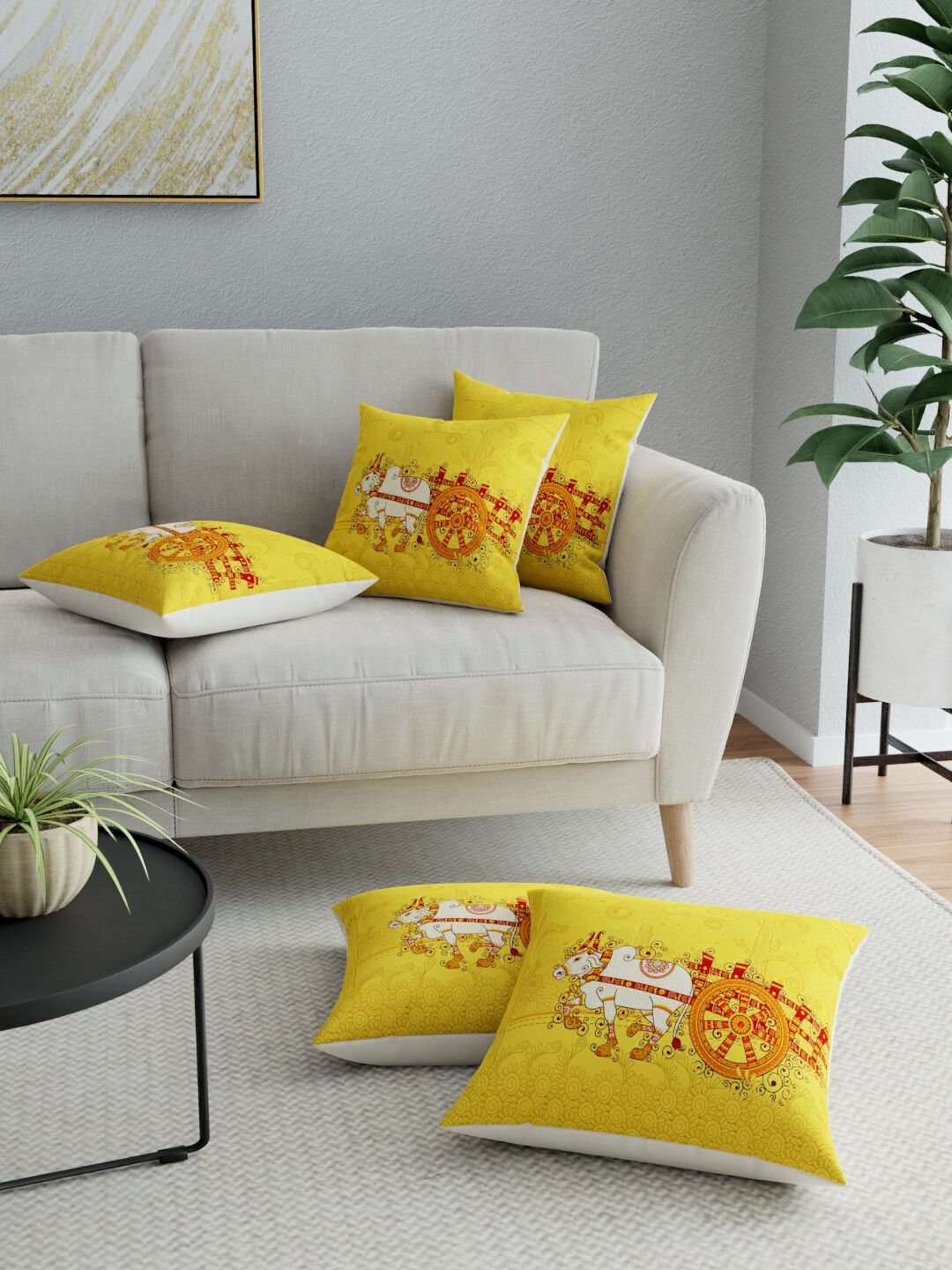 LA VERNE Yellow & Red Set of 5 Ethnic Motifs Square Cushion Covers Price in India