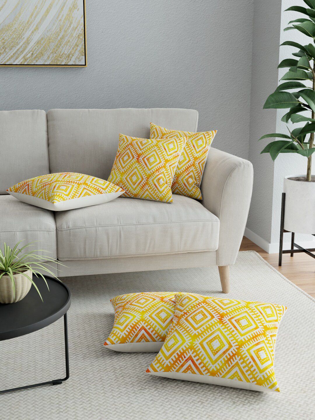 LA VERNE Yellow & White Set of 5 Geometric Square Cushion Covers Price in India