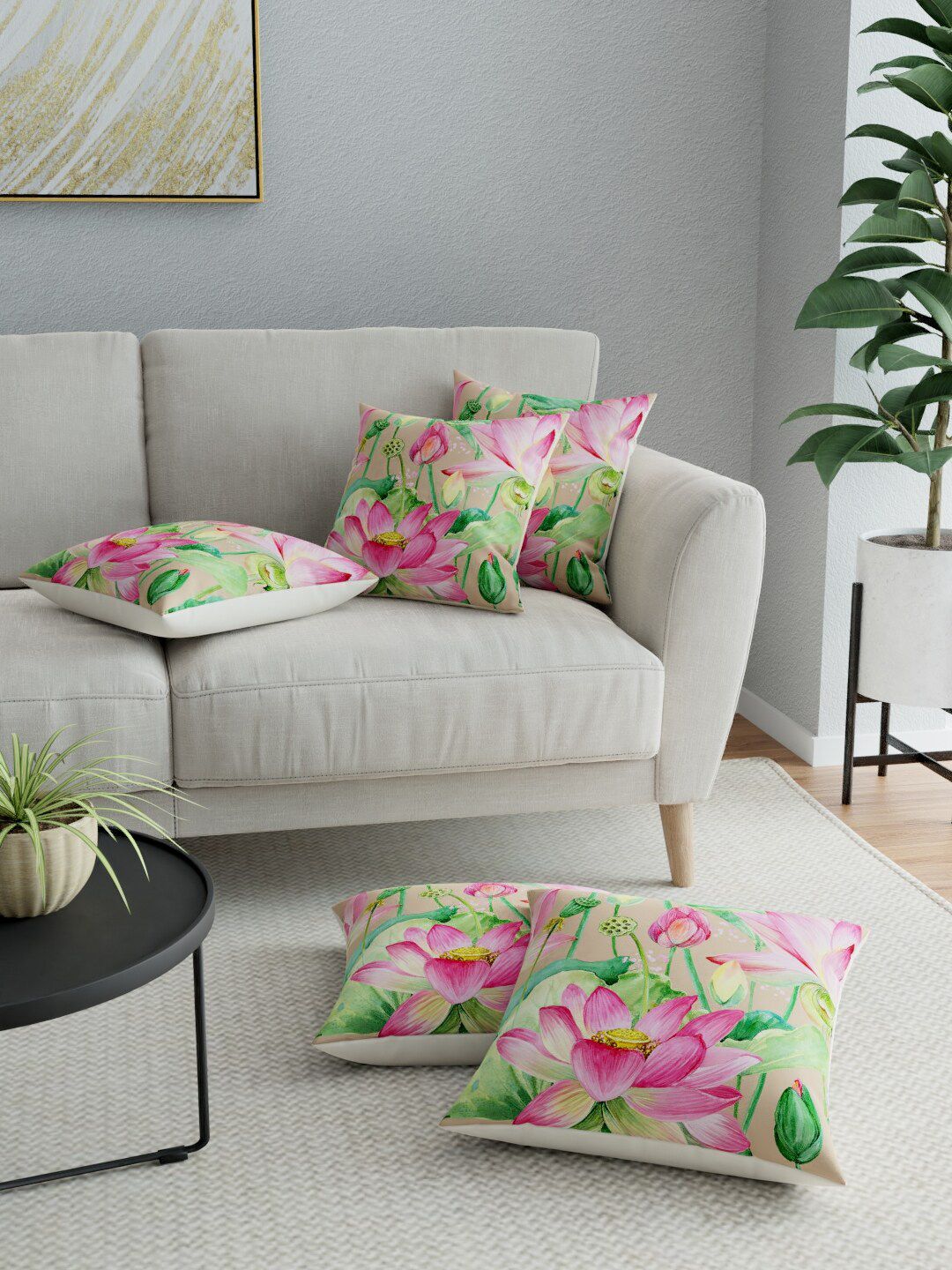 LA VERNE Beige & Pink Set of 5 Floral Square Cushion Covers Price in India