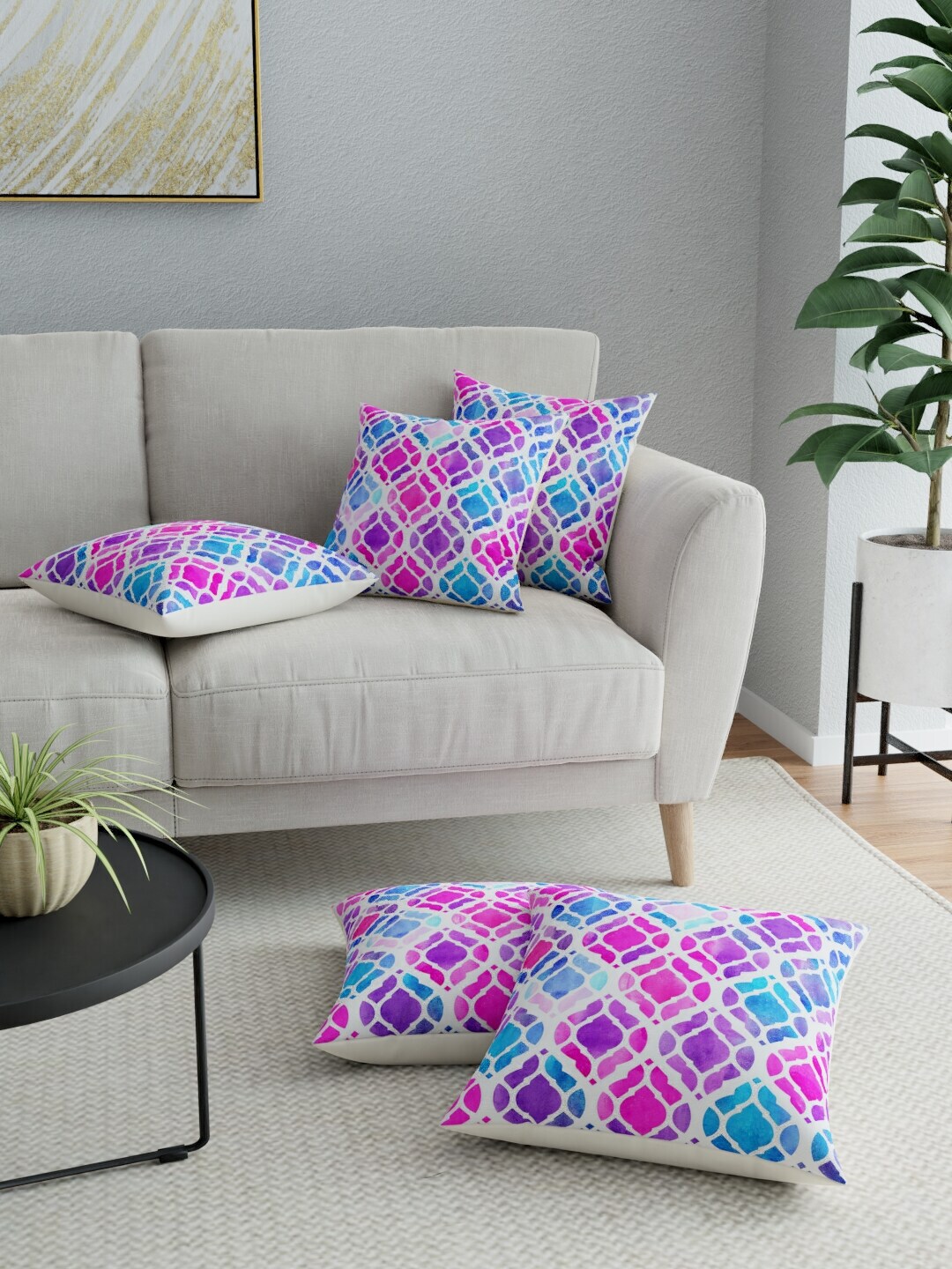 LA VERNE Blue & Pink Set of 5 Abstract Square Cushion Covers Price in India