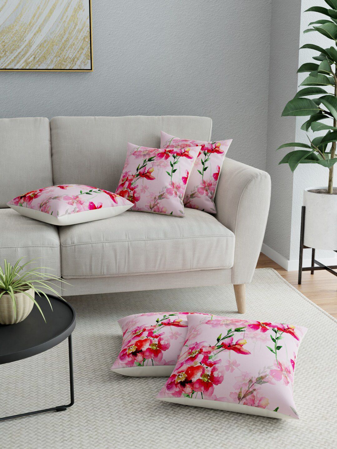 LA VERNE Pink & Red Set of 5 Floral Square Cushion Covers Price in India