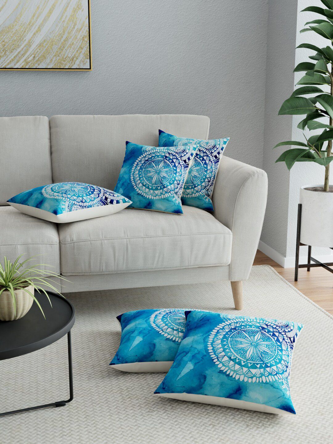 LA VERNE Blue & White Set of 5 Ethnic Motifs Square Cushion Covers Price in India