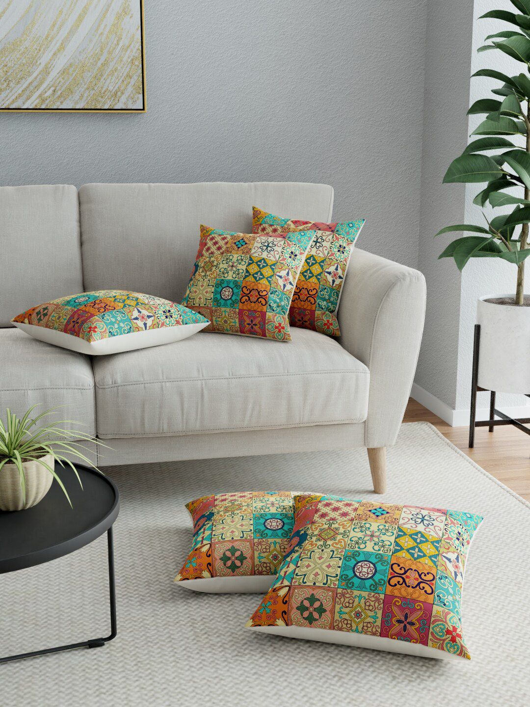 LA VERNE Beige & Turquoise Blue Set of 5 Ethnic Motifs Square Cushion Covers Price in India