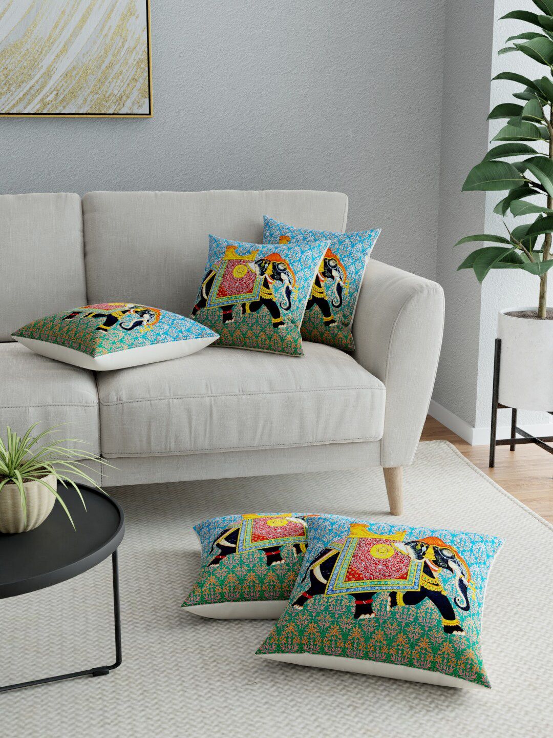 LA VERNE Blue & Green Set of 5 Ethnic Motifs Square Cushion Covers Price in India