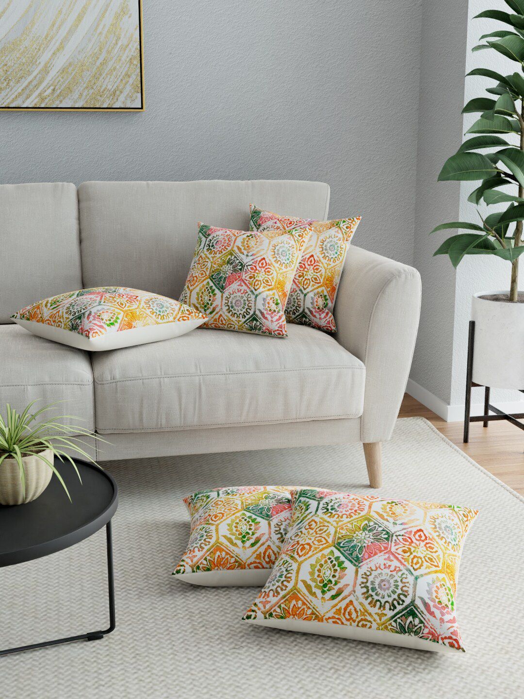LA VERNE White & Green Set of 5 Abstract Square Cushion Covers Price in India
