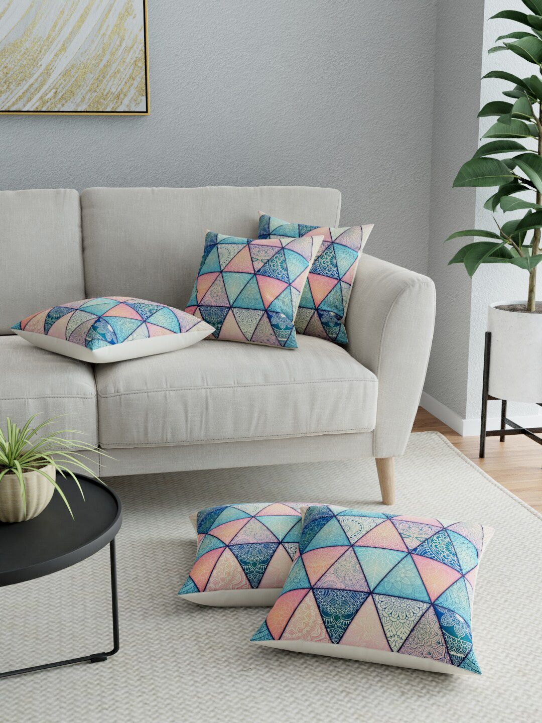 LA VERNE Pink & Blue Set of 5 Geometric Square Cushion Covers Price in India