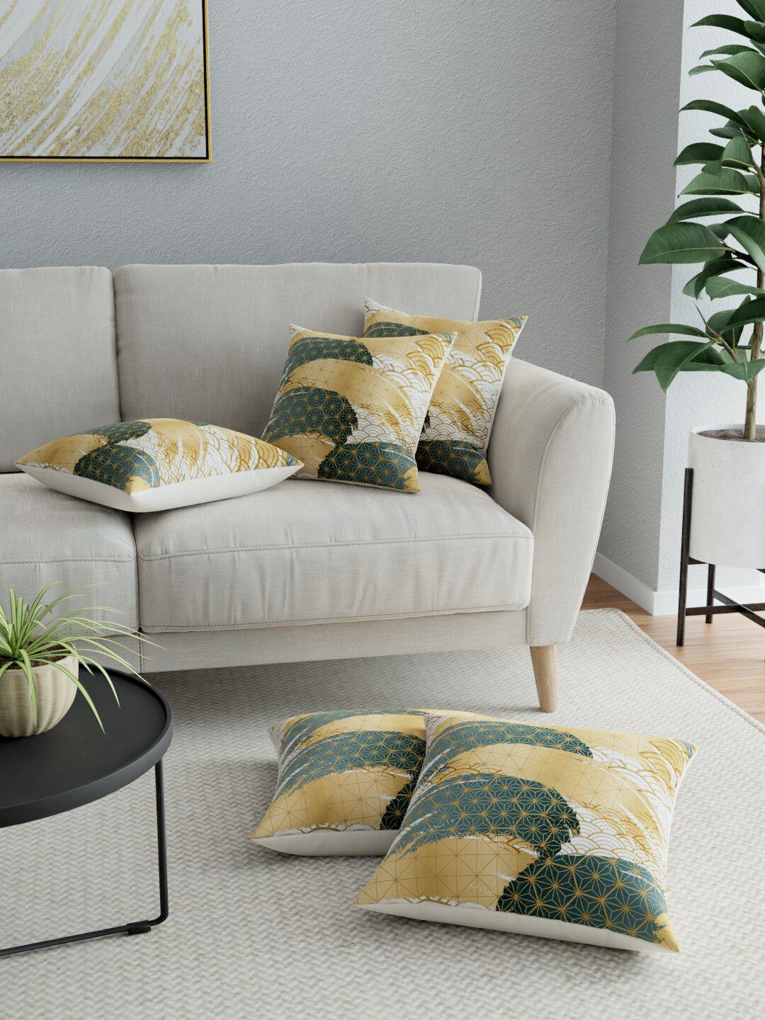 LA VERNE Green & Beige Set of 5 Geometric Square Cushion Covers Price in India