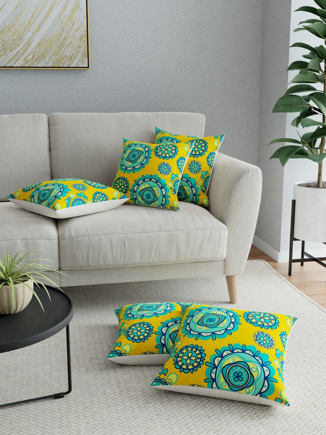 LA VERNE Yellow & Green Set of 5 Ethnic Motifs Square Cushion Covers Price in India