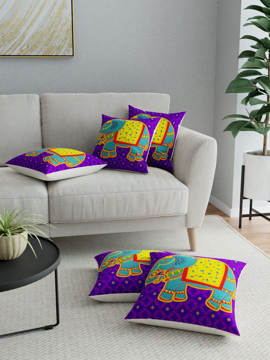 LA VERNE Purple & Blue Set of 5 Ethnic Motifs Square Cushion Covers Price in India