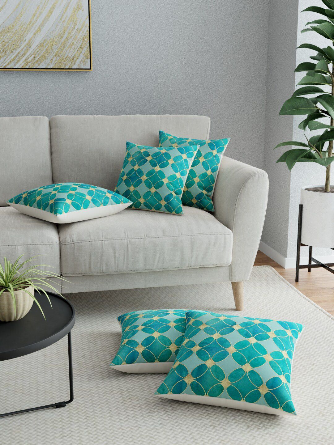 LA VERNE Green & Cream-Coloured Set of 5 Geometric Square Cushion Covers Price in India
