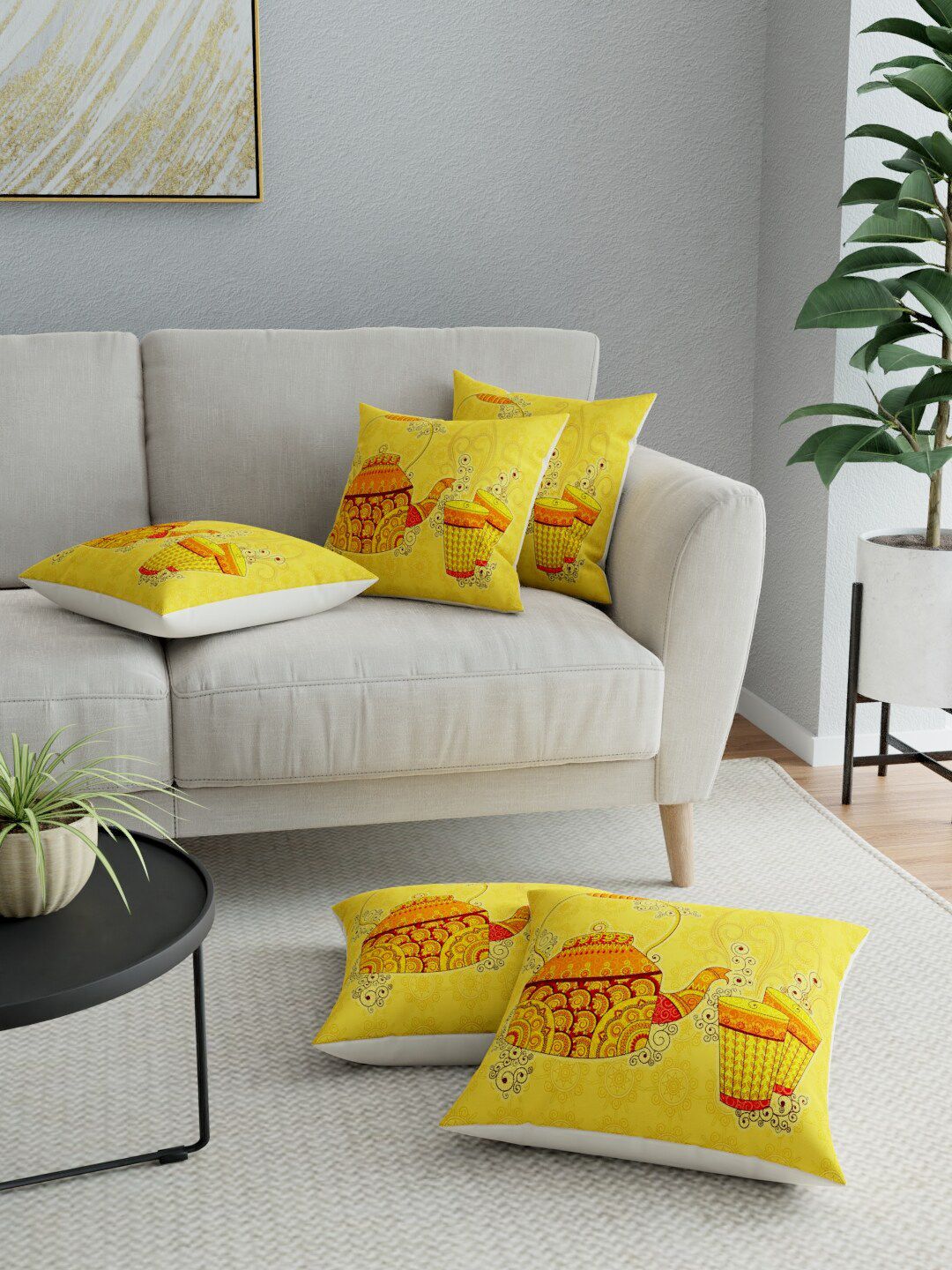 LA VERNE Yellow & Red Set of 5 Ethnic Motifs Square Cushion Covers Price in India