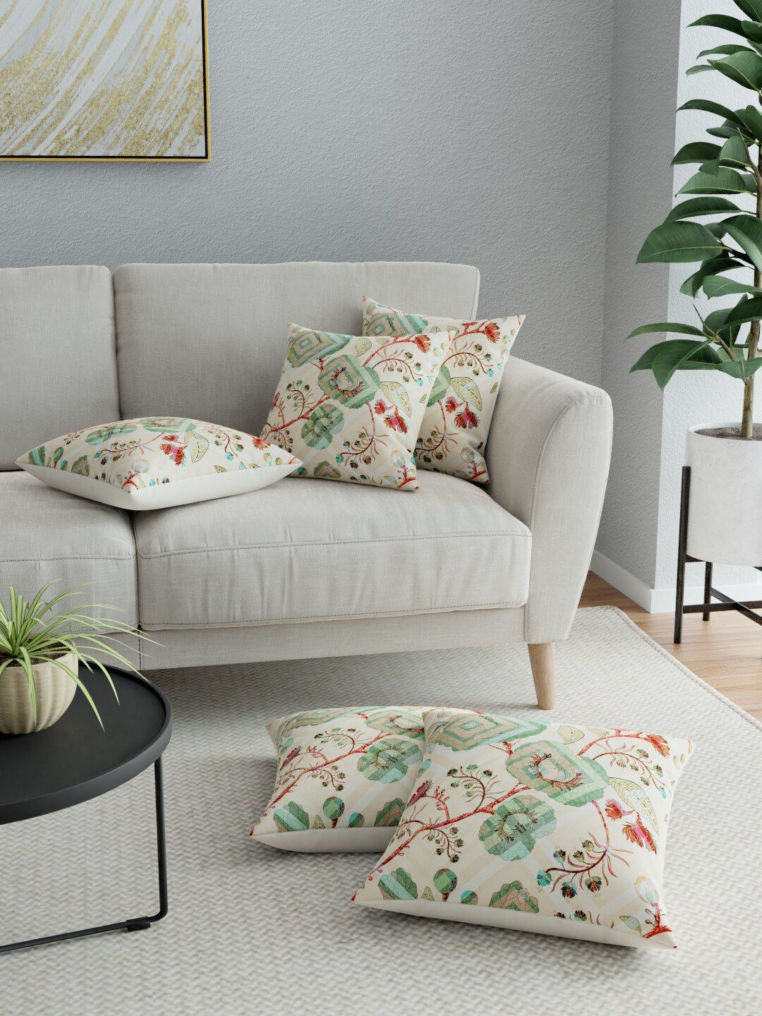 LA VERNE White & Green Set of 5 Floral Square Cushion Covers Price in India